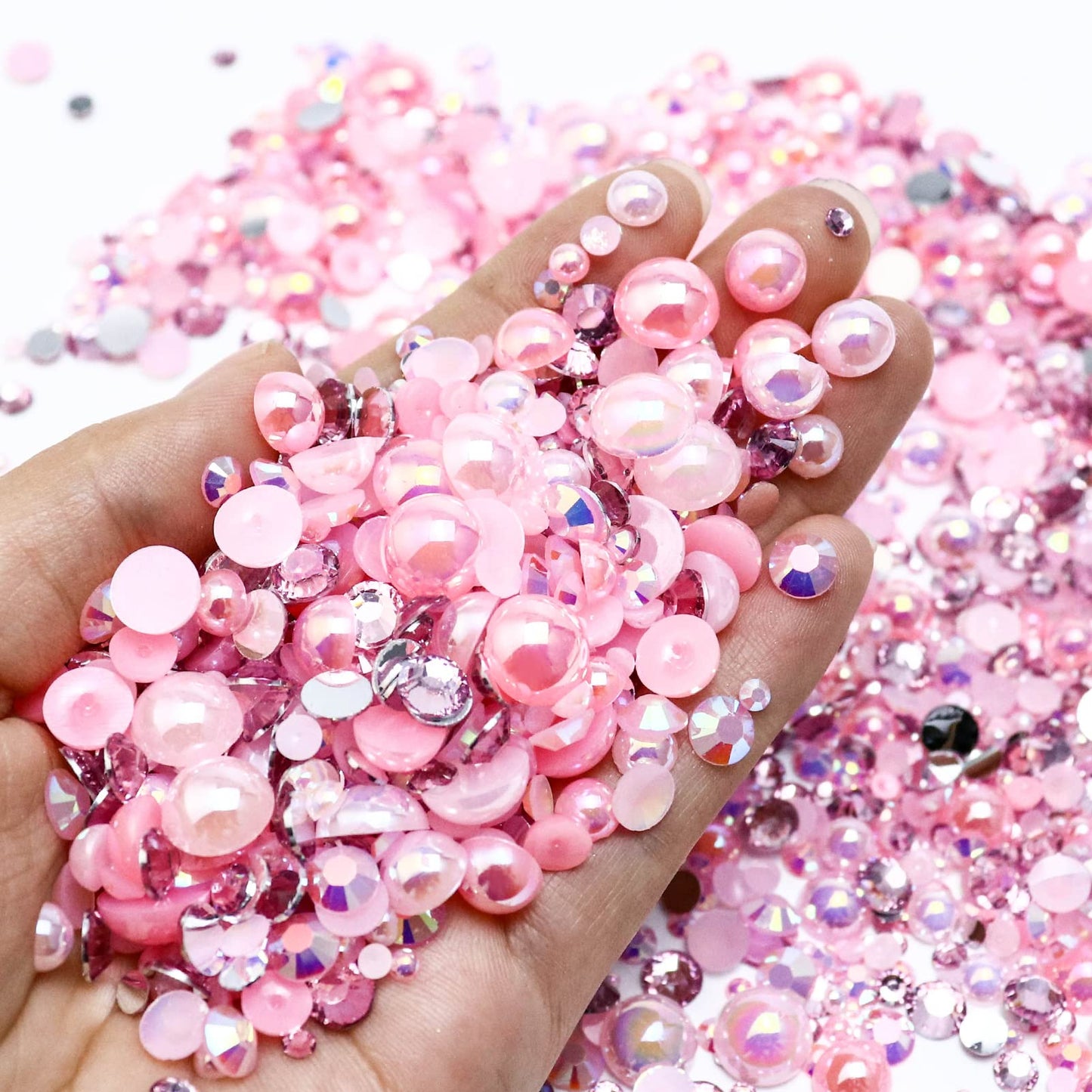 60g Mix Pearls and Rhinestones for Crafts, 2mm-10mm Pink Pearl Rhinestones for Shoes Nails Face Art, Tumbler Bedazzling Half Pearls and Rhinestones Gems, with Picker Pen
