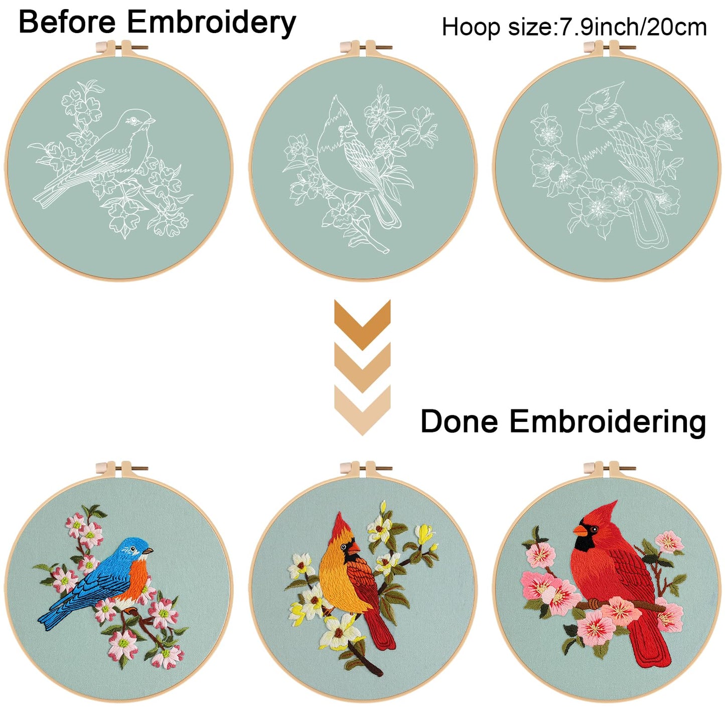 3 Sets Bird Embroidery Kits for Beginners,Adults Starter Flower Pattern Cross Stitch Kit DIY Needlepoint Kits with Embroidery Instructions
