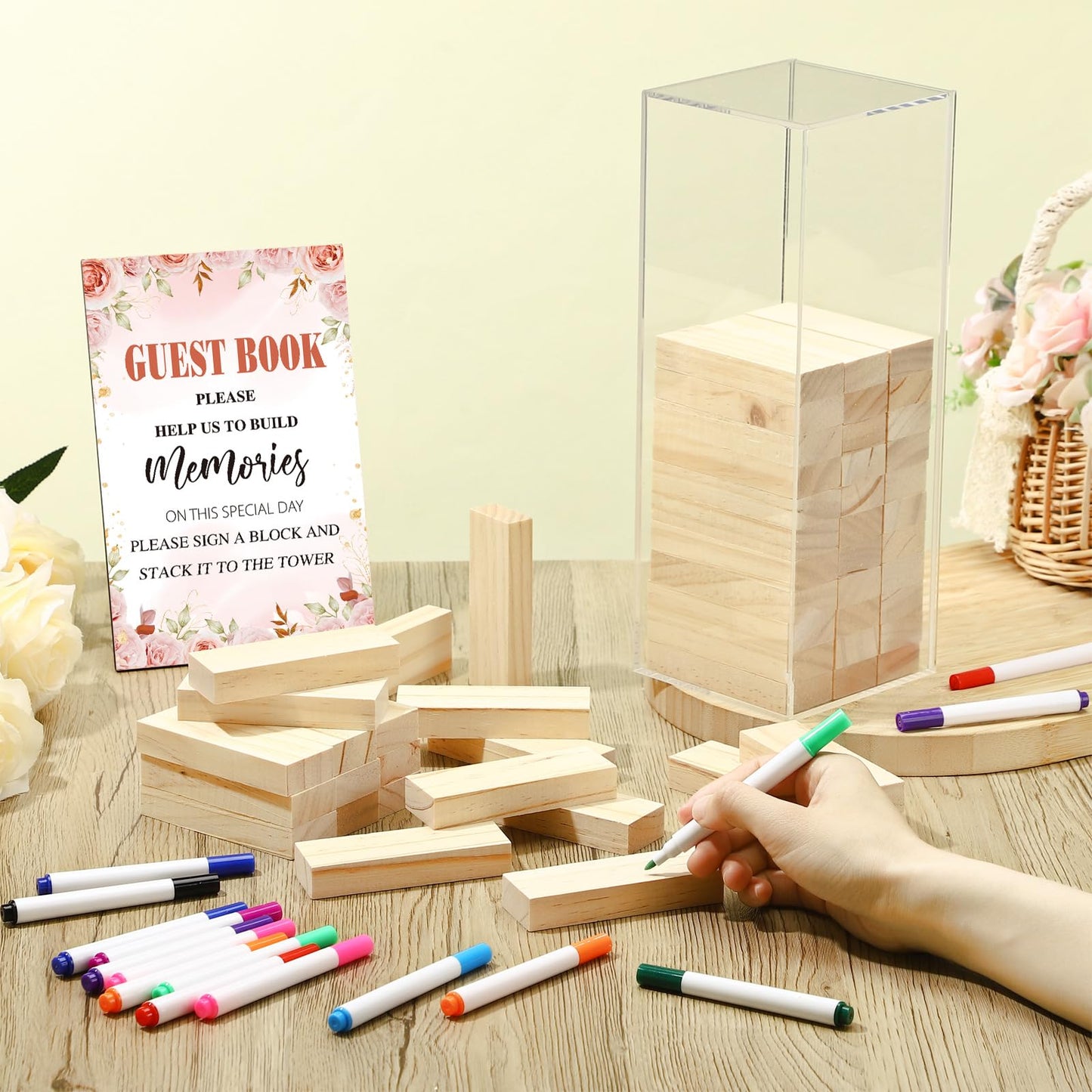 80 Pcs Wedding Guest Book Alternative Wooden Block Guest Book for Wedding Sign in Bridal Shower Decoration Wooden Block Bridal Shower Game for Sign in, Reception(Floral)