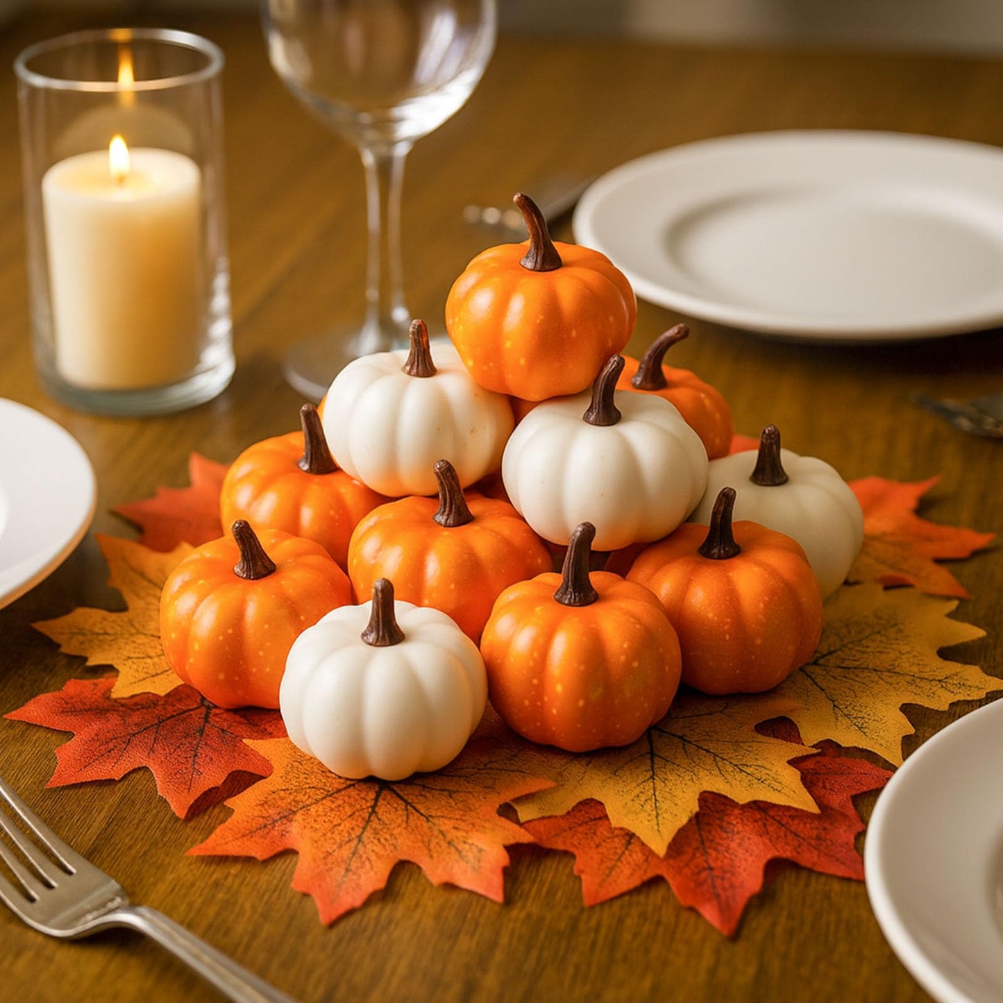 42 PCS Artificial Pumpkins Decorations, 12PCS Fake Pumpkins with 30Packs Maple Leaves for Fall Harvest Crafts Halloween Thanksgiving Decor