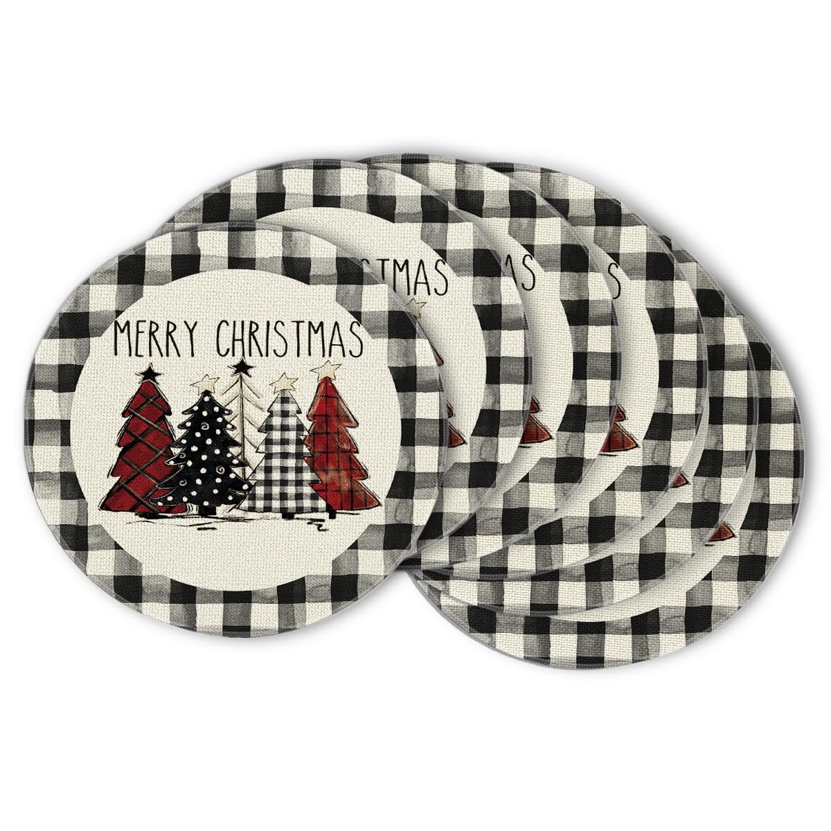 Artoid Mode Waterclor Buffalo Plaid Christmas Trees Merry Xmas Round Placemats Set of 6, 14 Inch Seasonal Winter Round Table Mats for Dining Decoration