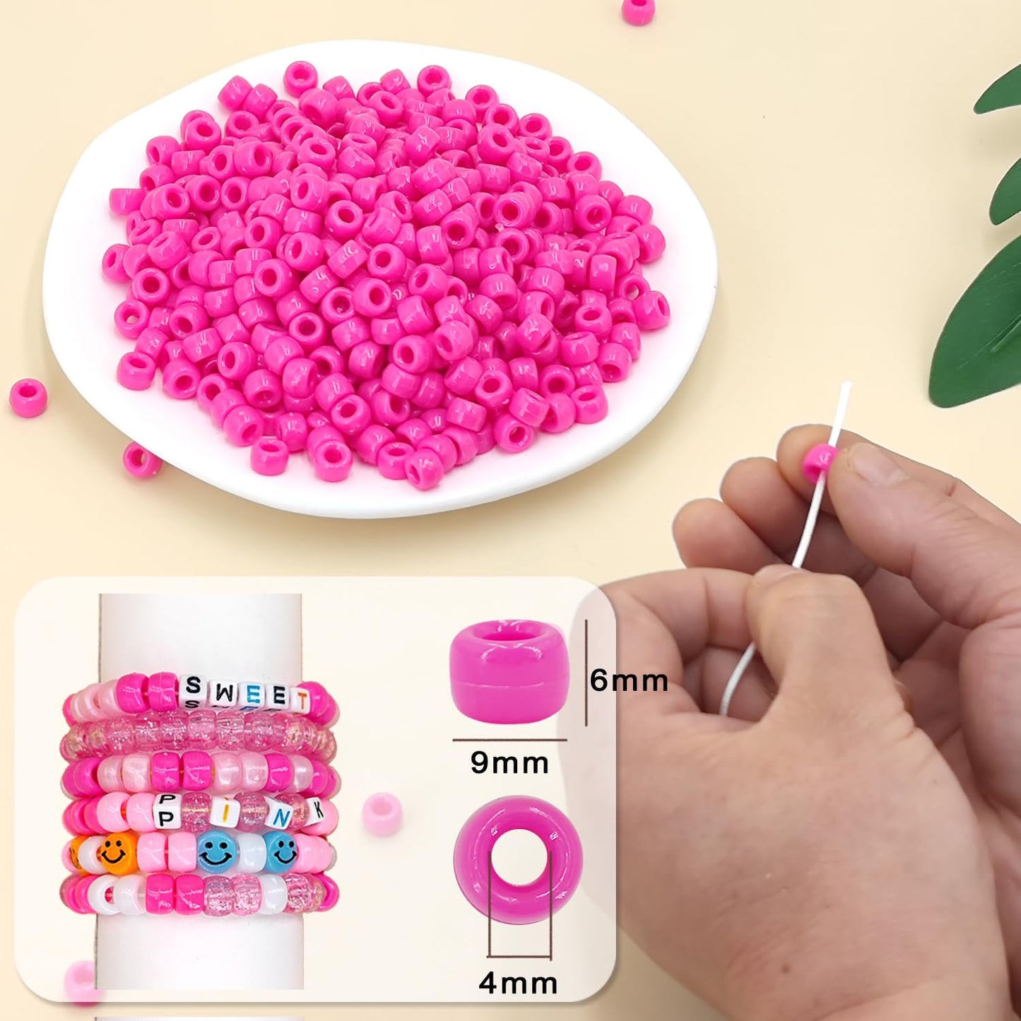 MIIIM 1200PCS 6x9mm Pony Beads Bulk, Hot Pink Pony Beads for Bracelets Making Kit, Kandi, Hair Braids Crafts for Jewelry Making (Hot Pink)