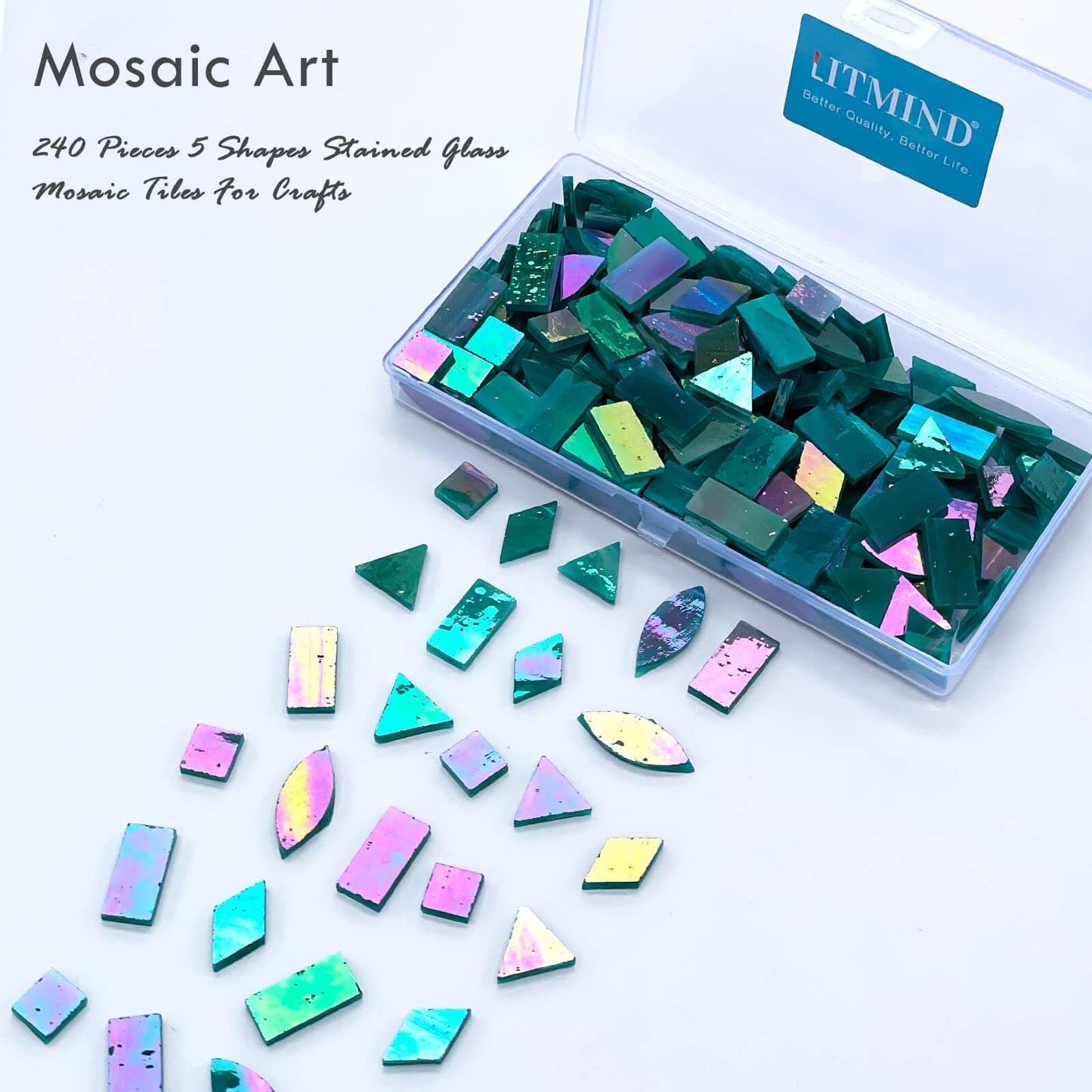 LITMIND Turquoise Iridescent Stained Glass Mosaic Tiles for Crafts - 240 Pieces, 5 Shapes Mixed (Rectangle, Triangle, Rhombus, Square, Leaf) - Ideal for Mosaic Making Projects and Beginners