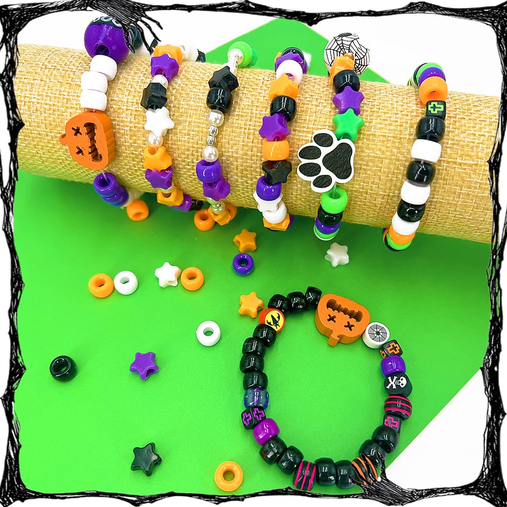 MIIIM 1000PCS 6x9mm Halloween Pony Beads Bulk, 8 Styles Purple Orange White and Black Kandi Beads for Bracelets Making Kit, Hair Braids Crafts for Jewelry Making (Halloween B)