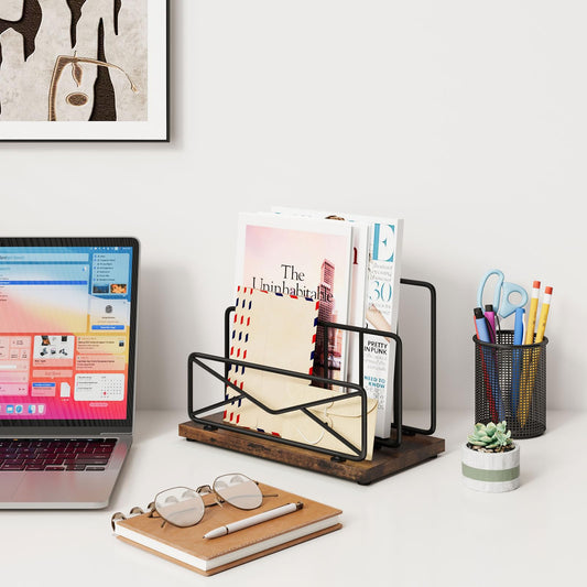 Desktop Mail Sorters Mail Organizer-with 2 Slot Matte Black Metal Desktop Mail Sorter Metal Storage File Holder Letter Sorter Organizer for Home or Office Desktop