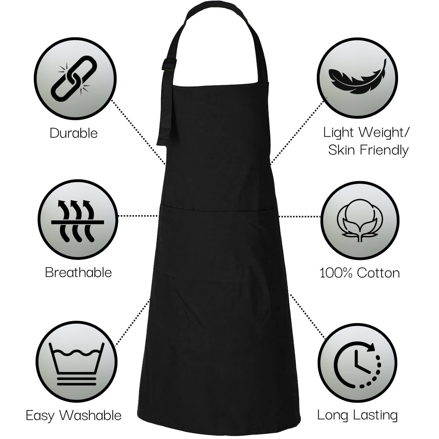 Black Apron Chef for Men and Women with Pockets Cotton Kitchen Cooking Full Aprons 35x27 Inches Pack of 5