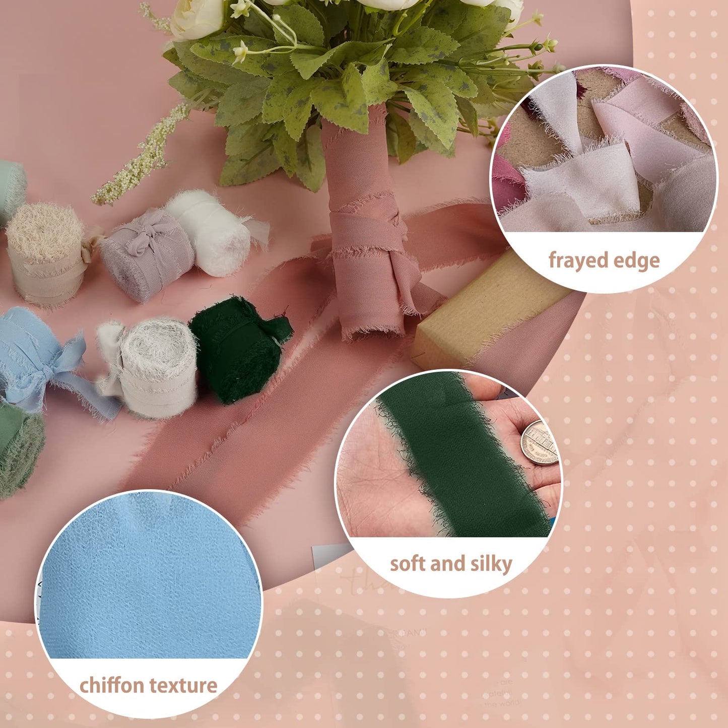 Chiffon Ribbon Fringe Silk Ribbon 9 Rolls Handmade Frayed Edges Ribbon 1.5 Inch x 3 Yard Fabric Boho Ribbon for Gift Wrapping Wedding Invitations Decoration DIY Craft Bridal Bouquets