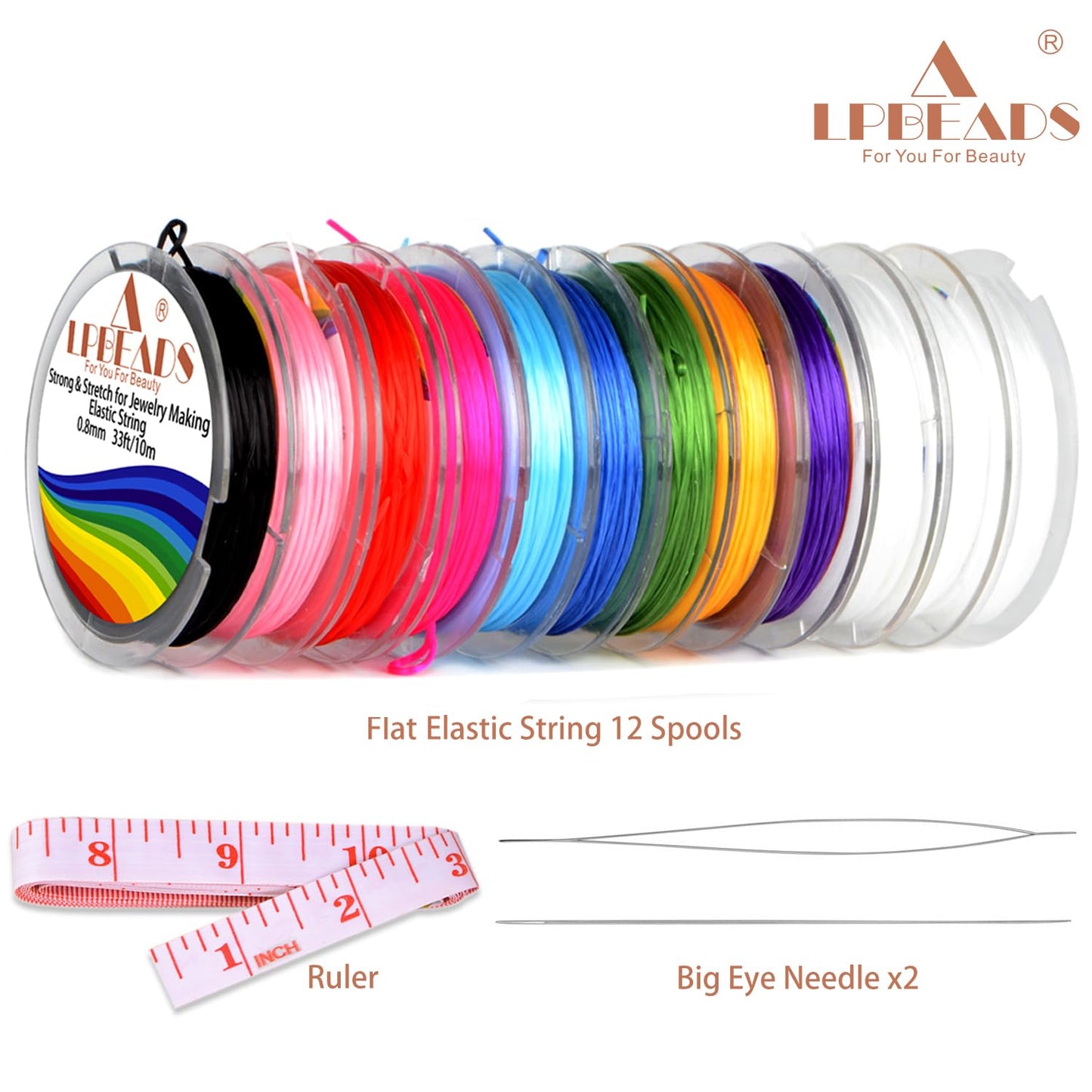 LPBeads 12 Rolls 0.8mm Elastic Stretchy String Cord for Bracelet Jewelry Making with Beading Needles and Ruler