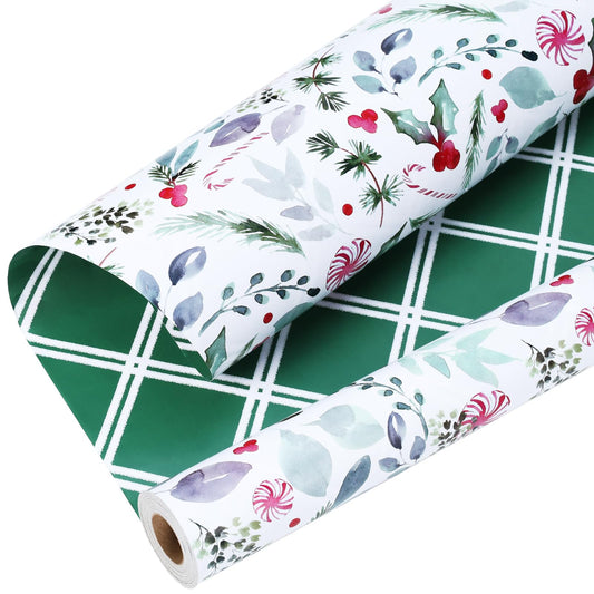 Vintage Christmas Wrapping Paper Roll, Reversible Gift Wrap with Holly Leaves, Red Berries, Candy Cane & Green Plaid Design, Double-Sided Xmas Wrapping Paper for Holiday, Season Party, 17 inch x 33 feet