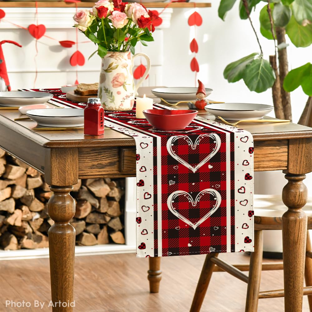 Artoid Mode Buffalo Plaid Love Hearts Valentine's Day Table Runner, Seasonal Kitchen Dining Table Decoration for Indoor Home Party 13x72 Inch