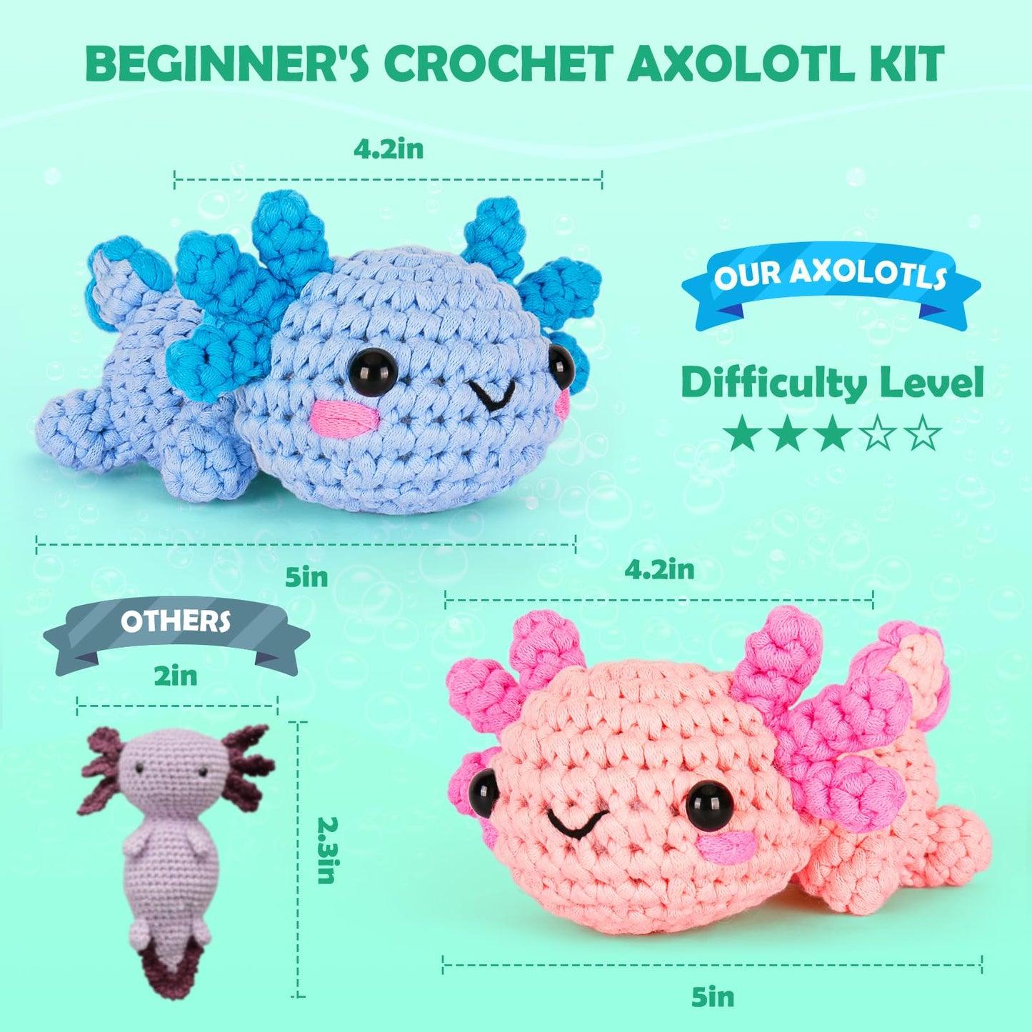 Crochet Kit for Beginner, Crochet Starter Kit w Step-by-Step Video Tutorials, Crochet Kit for Beginners, Beginner Crochet Kit for Adults Kids Women Men Complete Kit Included (Axolotl 2Pack)