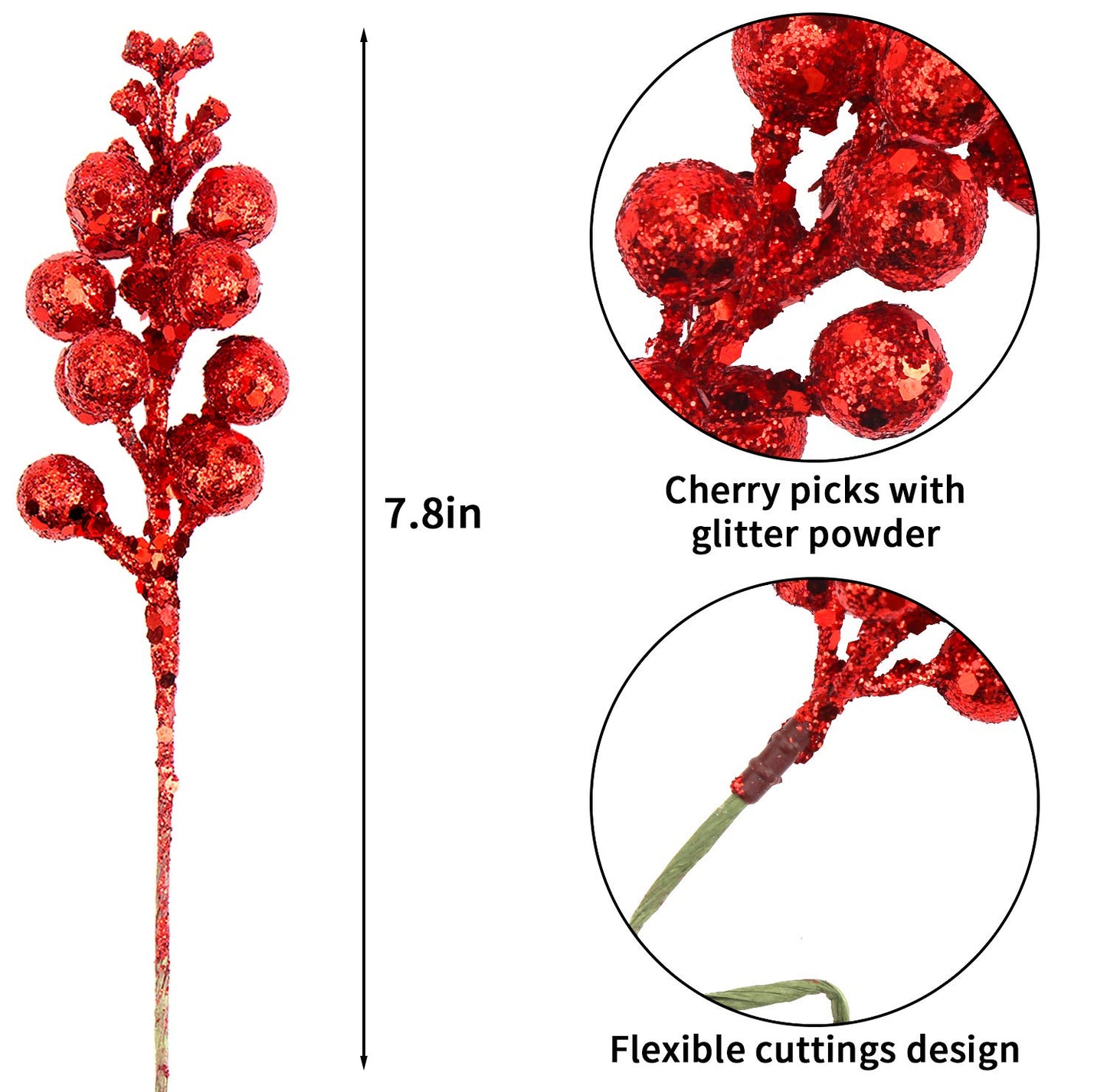 DIYASY Artificial Red Berry Stems,20 Pcs 7.8 Inch Glitter Christmas Tree Picks for Christmas Tree Ornaments,DIY Xmas Wreath, Holiday and Home Decoration