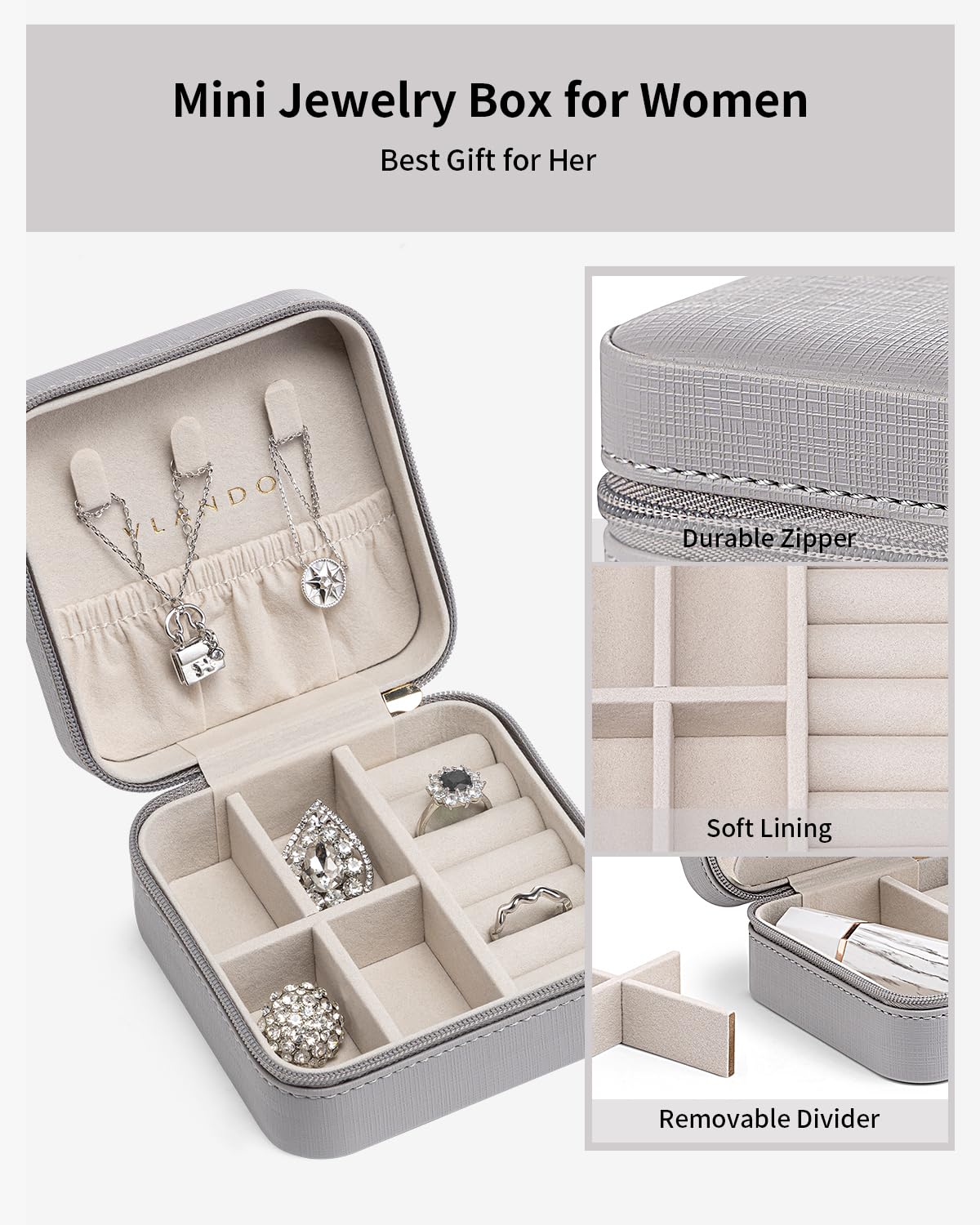 Travel Jewelry Box, Small Jewelry Travel Organizer Case for Girls Women - Grey