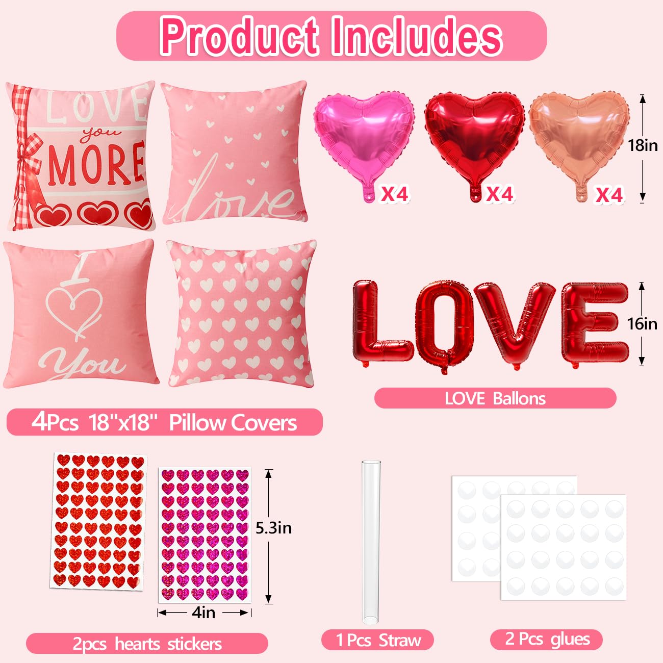 Valentine Decorations Set of 4 Double-Sided Valentine's Day Throw Pillow Covers 18" x 18", Reversible 8 Designs, with 16 pcs Heart & Love Balloons, Stickers, Complete Valentines Decor Kit