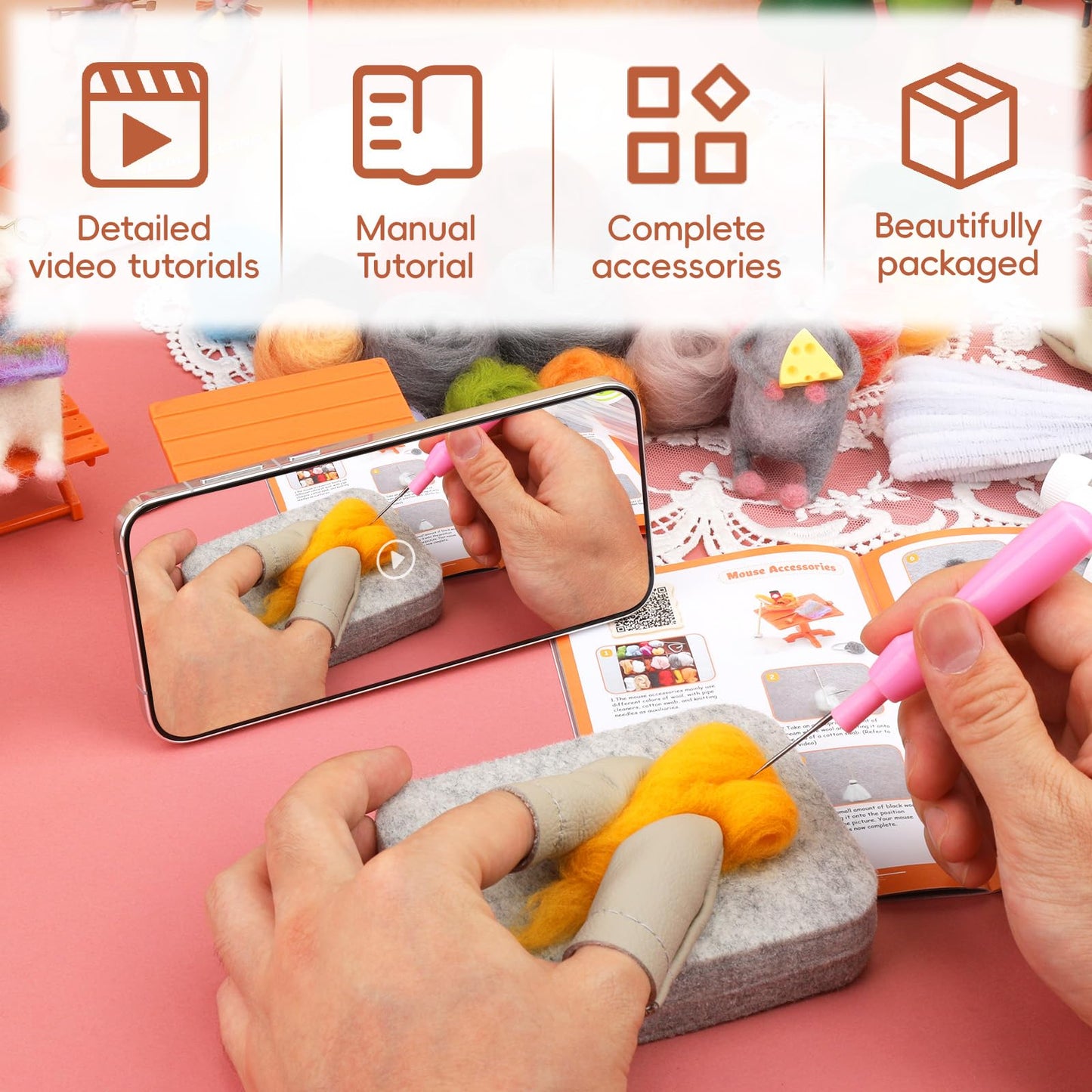 Mouse Family Needle Felting Kit,Needle Felting Starter Kit, Mice Felting Kit for Beginner Adults with Felting Supplies and Instructions for DIY Felting