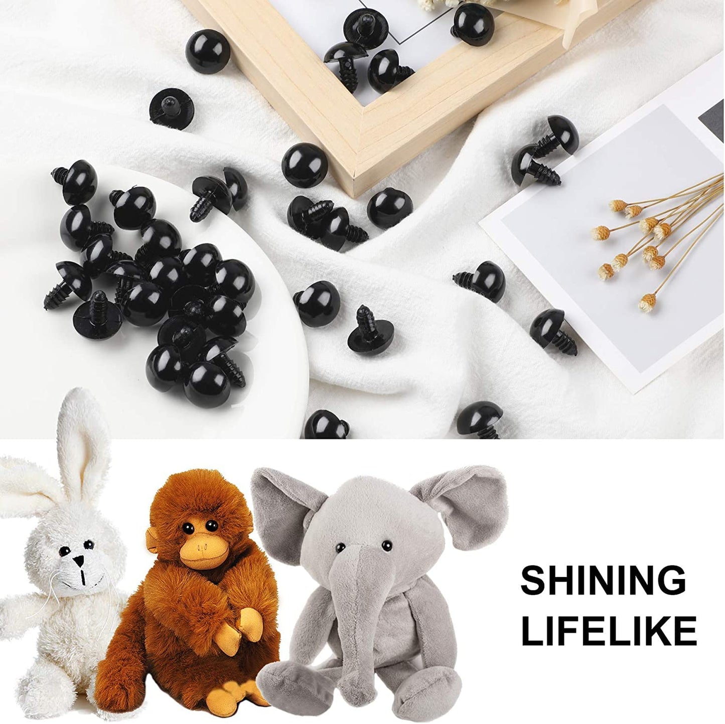 UPINS 500 Pieces 6-24MM Black Plastic Safety Eyes with Washers for Crochet Animal Crafts Doll Making Supplier Bulk (4 Sizes)