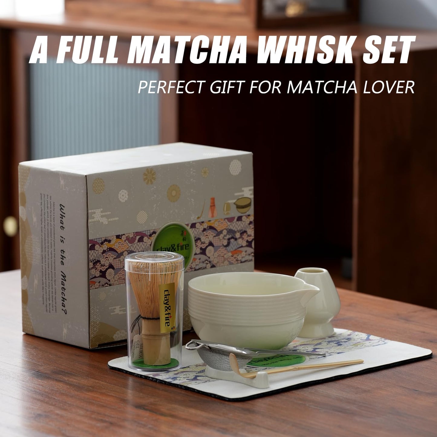 Matcha Whisk Set, Ceramic Matcha Set, Matcha Bowl with Spout and Whisk,9 pcs Matcha Tea Kit for Matcha Lovers, Ideal Gift Christmas, Birthday（Beige）