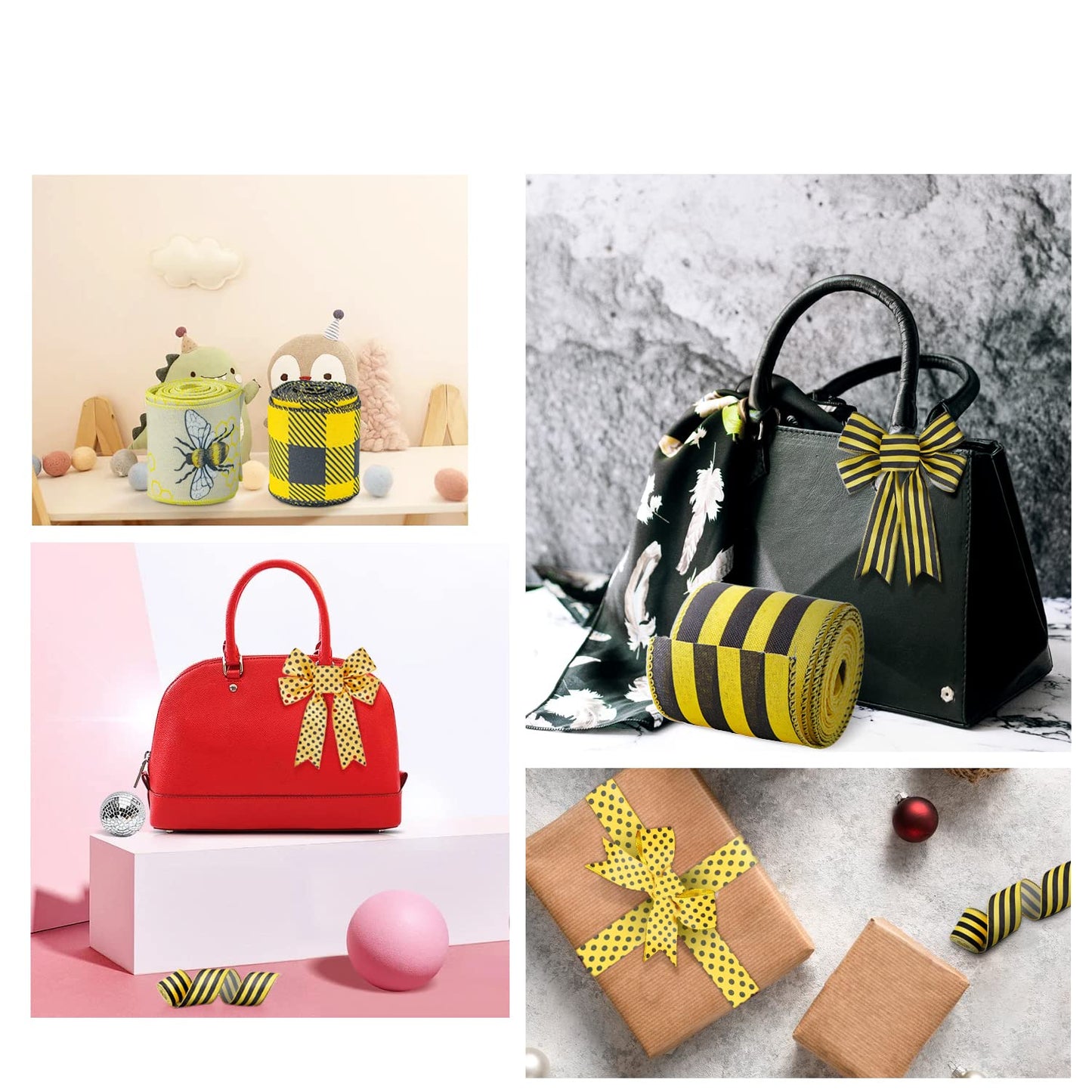 Bee Ribbons 6 Rolls Bee Wired Ribbon Sewing DIY Craft Bee Fabric 40 Yards 2.5 Inch Yellow Ribbon Stripe Gingham Dot Summer Ribbon Craft Bees for Bows Wreaths Wrapping Party Decorative