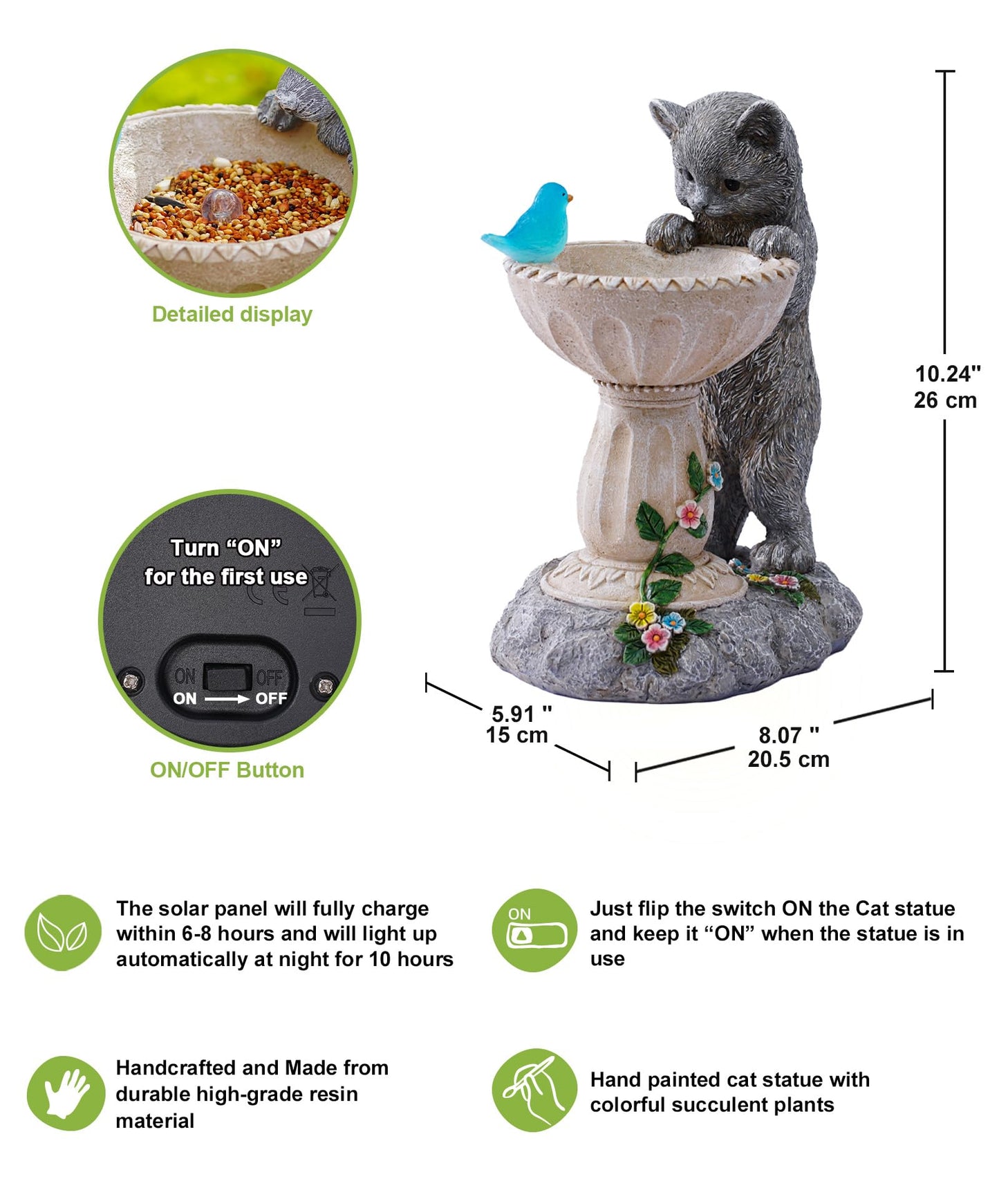 Nacome Solar Cat Statue for Garden Decor: IP44 Weatherproof Resin with Automatic Lighting - No Installation- Outdoor Yard Patio Balcony Art - Birthday Gifts for Bird Lovers Mom Grandma Women