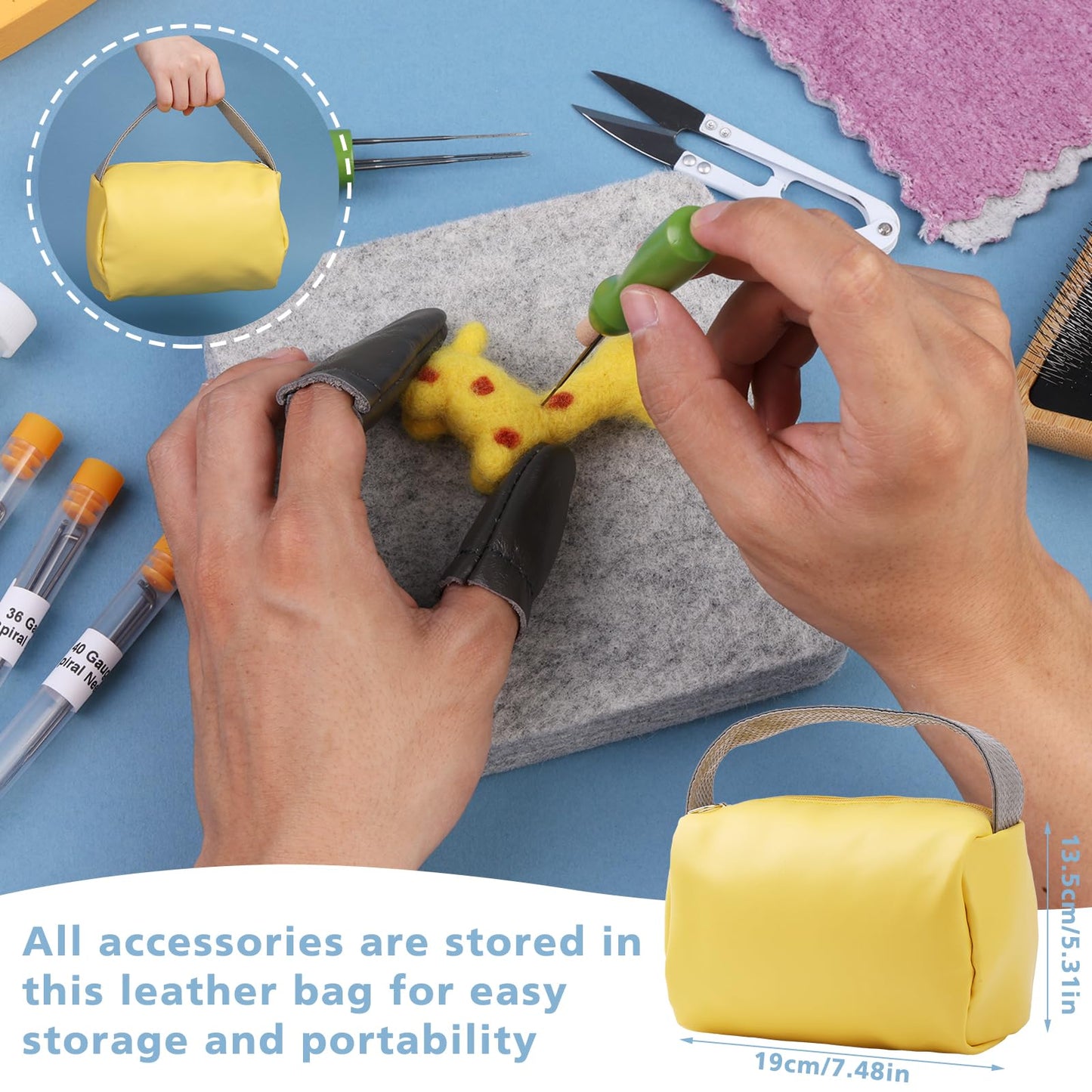 74 Needle Felting Tools, Needle Felting Kit with Hand Carders Wooden Wool Carders Needle Felting with Needle Leather Finger Protector for DIY Felting Wool Projects