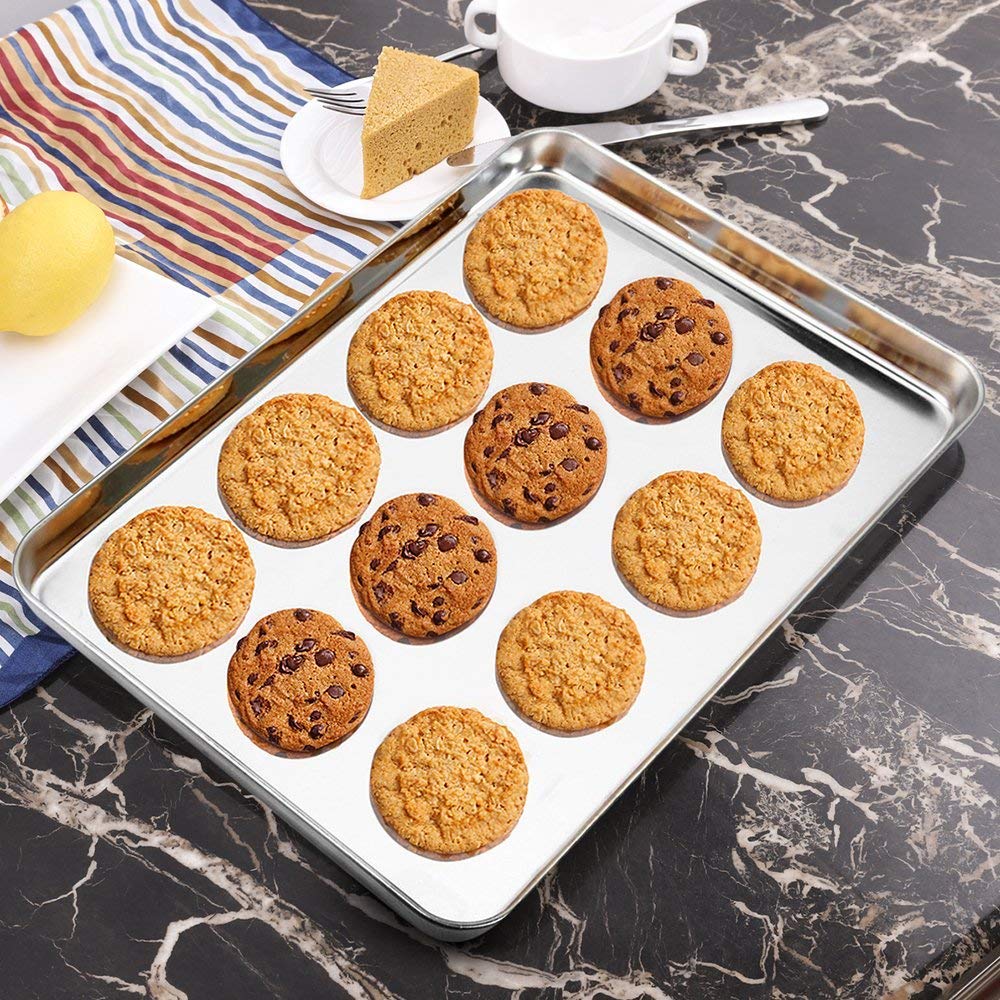 Wildone Baking Sheet & Rack Set [2 Sheets + 2 Racks], Stainless Steel Cookie Pan with Cooling Rack, Size 16 x 12 x 1 Inch, Non Toxic & Heavy Duty & Easy Clean