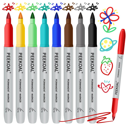 PEEKOAL 8 Pack Assorted Colors Permanent Markers, Fine Tip Colored Markers Pens for Adult Coloring Journaling Marking Drawing, Art School Office Supplies