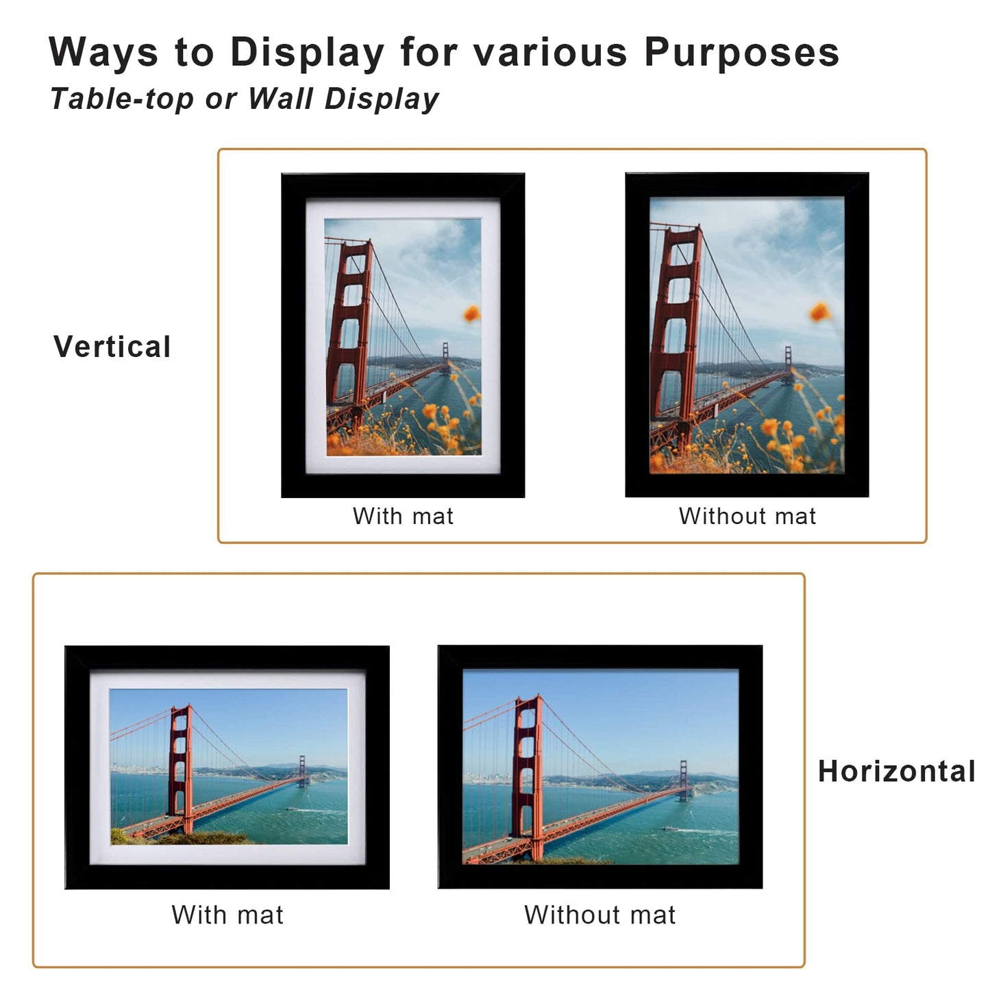 KINLINK 5x7 Picture Frames Black, Photo Frames with Plexiglass for Picture 4x6 with Mat or 5x7 without Mat, Composite Wood Picture Frames for Table Top and Wall Mounting, Set of 4