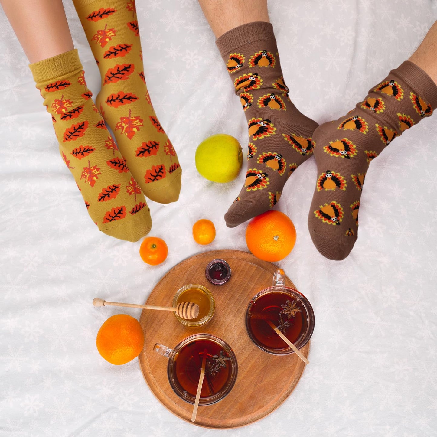 4 Pairs Thanksgiving Autumn Fall Socks Turkey Maple Leaf Pumpkin Mushroom Novelty Crew Socks for Women Men(Autumn Color)