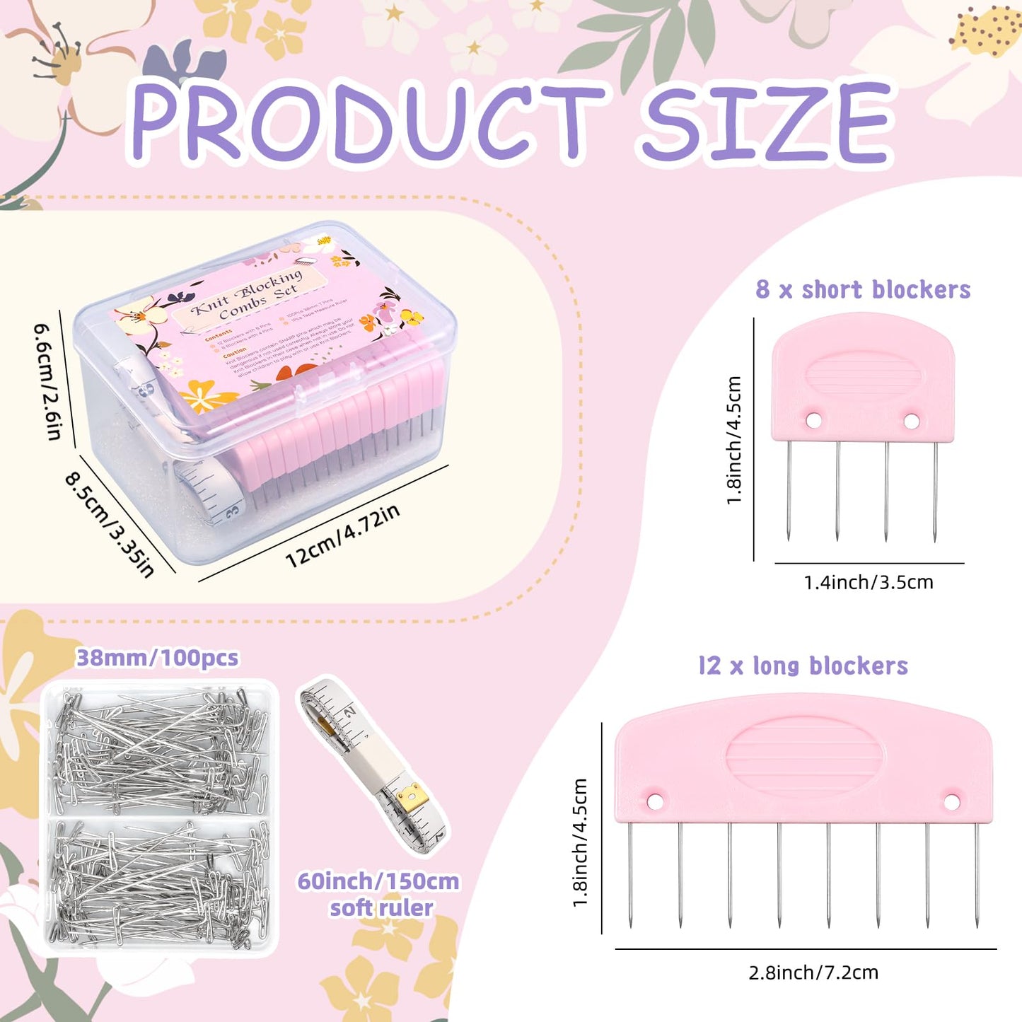 120 Pcs Knit Blocking Combs Pins Kit, 20Pcs Pink Color Knit Blockers Pins Kit, 100 T-pins for Blocking Knitting Crochet, Needlework Projects, Knitting Block Pins Tool for Blocking Mats