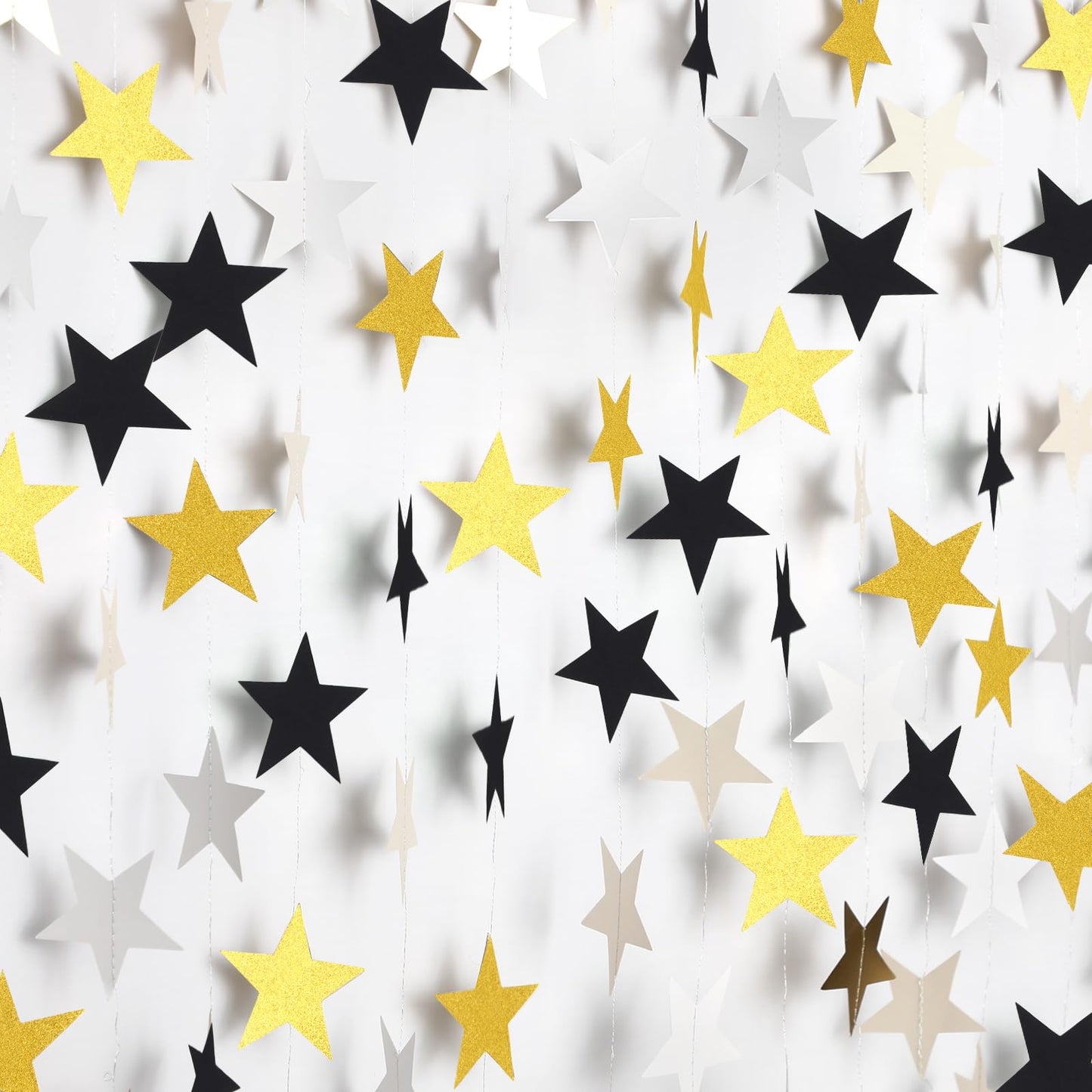 Patelai Glitter Star Garland Banner Decor, 130 Feet Bright Star Hanging Bunting Banner Backdrop for 2024 New Year Graduation Wedding Birthday Party Decor(Silver Gold Black)