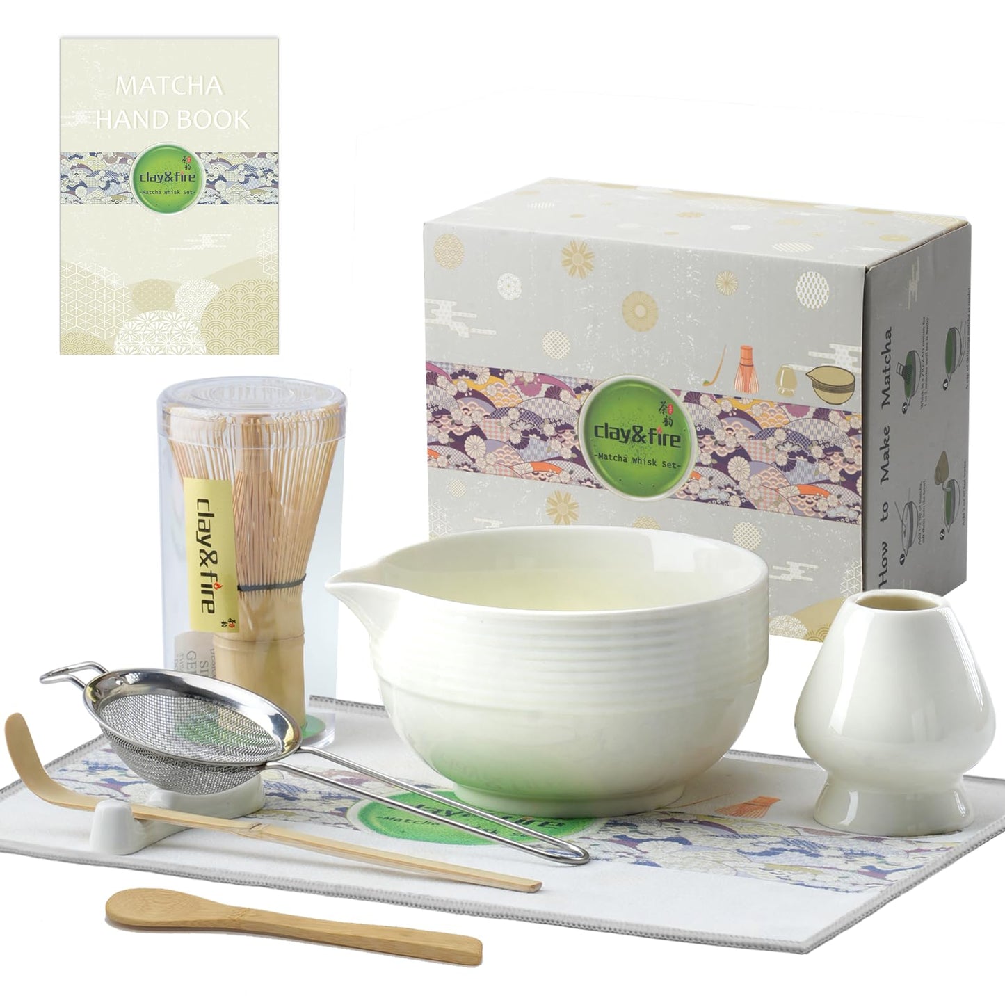 Matcha Whisk Set, Ceramic Matcha Set, Matcha Bowl with Spout and Whisk,9 pcs Matcha Tea Kit for Matcha Lovers, Ideal Gift Christmas, Birthday（Beige）
