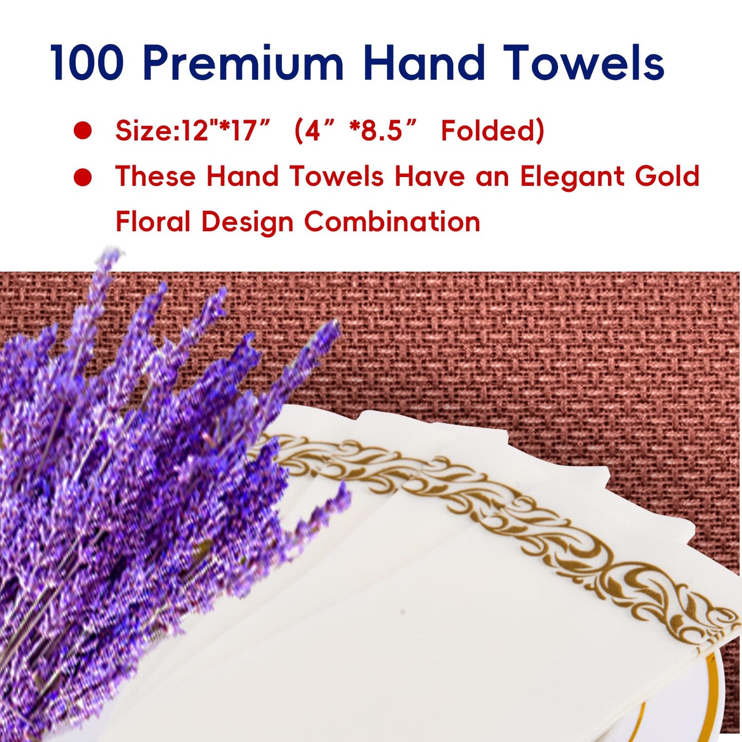 JOLLY CHEF 100 Disposable Hand Towels, Soft and Absorbent Linen Feel Dinner Napkin, Elegant Decorative Paper Guest Towels for Kitchen, Bathroom,Weddings,Parties, Gold and White
