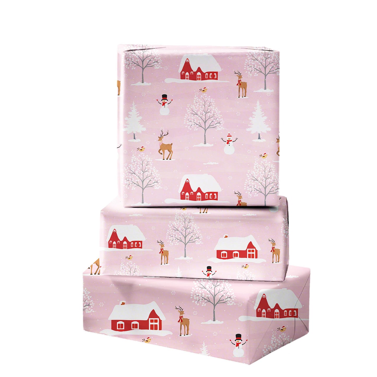 Cuitpan Pink Christmas Wrapping Paper - Xmas Gift Wrap with Snowy Houses, Reindeer, Snowmen & Trees Design - Perfect for Kids & Adults Gift Wrapping - 40×28 Inches, 4 Folded Sheets