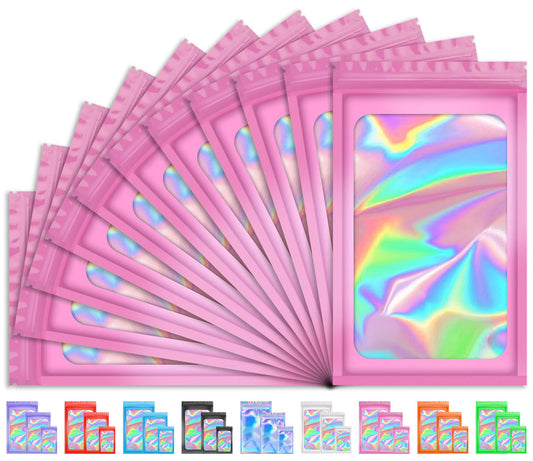 TIFICAL 100 PCS Smell Proof Bag, Packaging Bags, Holographic Mylar Bags, Foil Resealable Bags for Small Business Candy Jewelry Bracelet Party Favor Food Storage Sample Supplies (2.4×3.9 Inch, Pink)