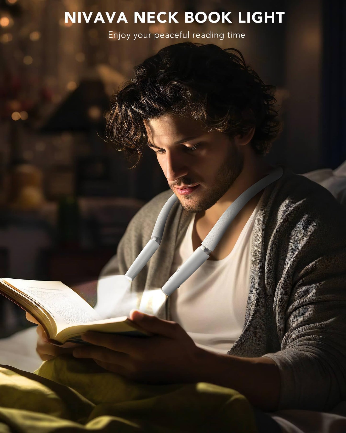NIVAVA Neck Reading Light, Book Light for Reading in Bed [Steering Shafts Adjustment], Bendable Silicone Arm, Long Lasting LED Rechargeable Knitting Light for Camping, Repair, Crochet & Craft, White
