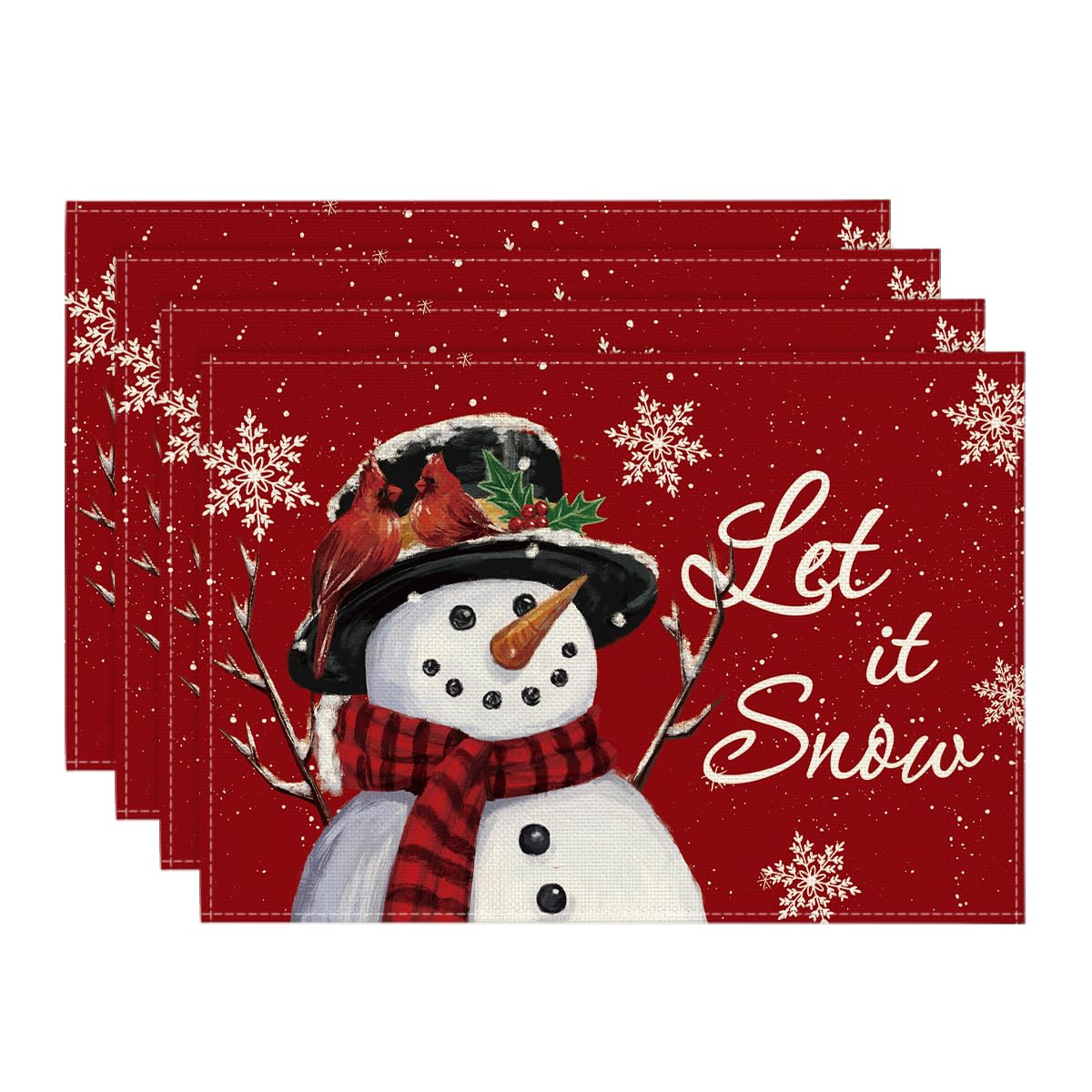 Red Snowman Let It Snow Winter Placemats Set of 4, 12x18 Inch Seasonal Christmas Holiday Table Mats for Party Kitchen Dining Decoration