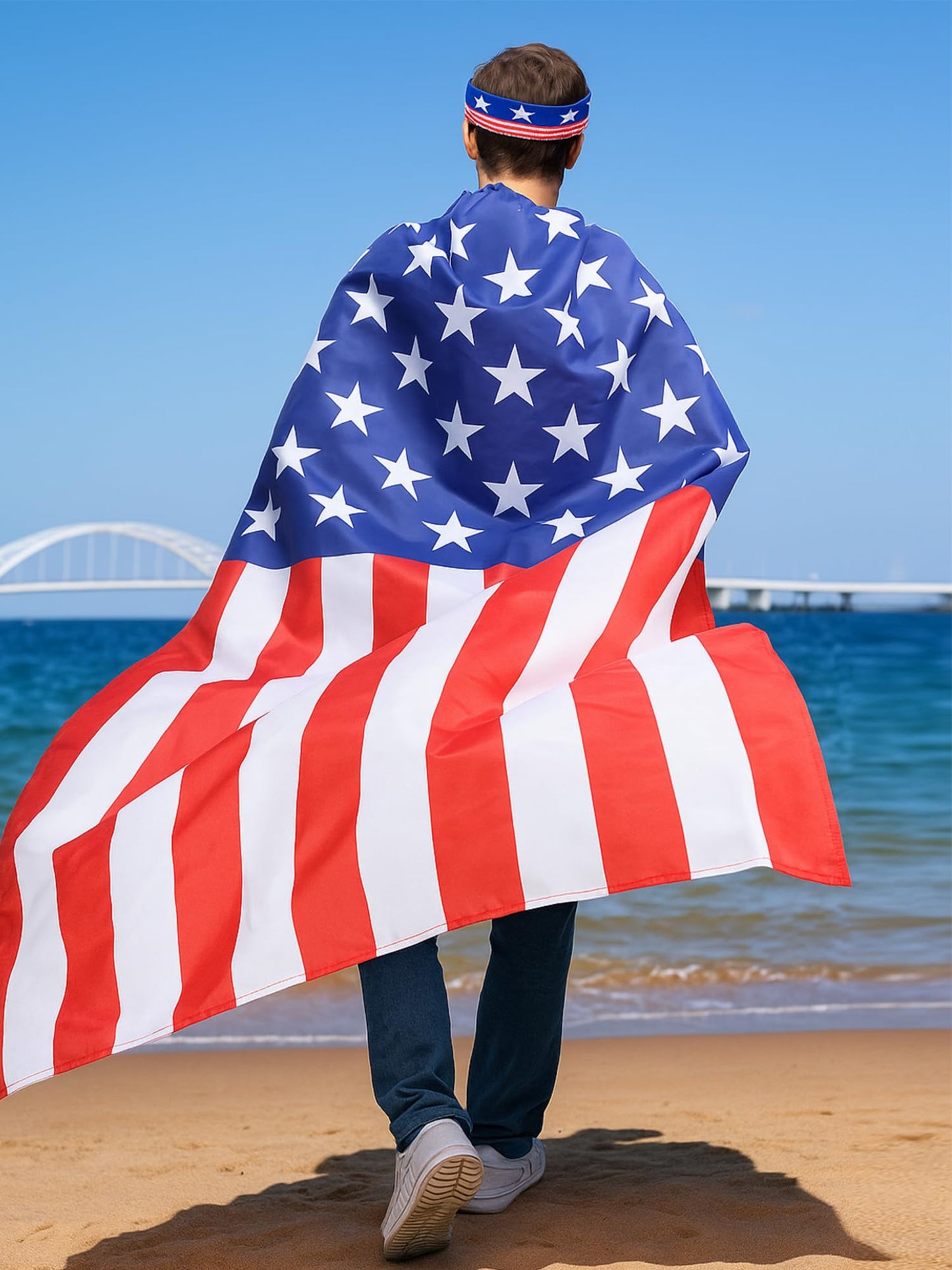 Frienda American Flag Costume Cape, 4th of July 250th Retro 80's USA Sunglasses and Flag Headband for 250th Anniversary(Popular Style)