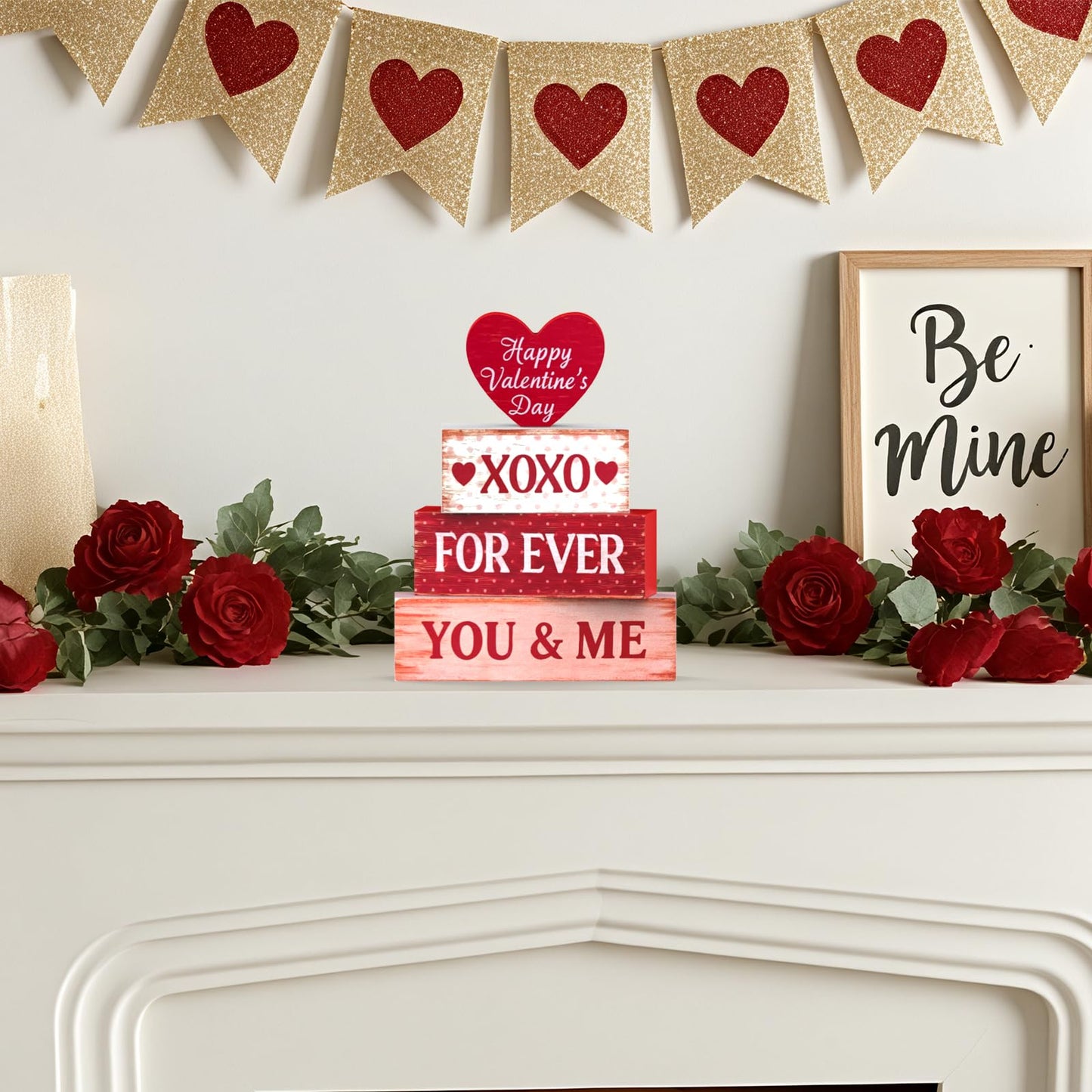Valentines Day Decorations - 4 Pack Wooden Block Heart Set Signs Valentines Day Table Decor - 7.8 Inch Valentine's Decorations for Home Office Bedroom Tiered Tray Fireplace Mantel