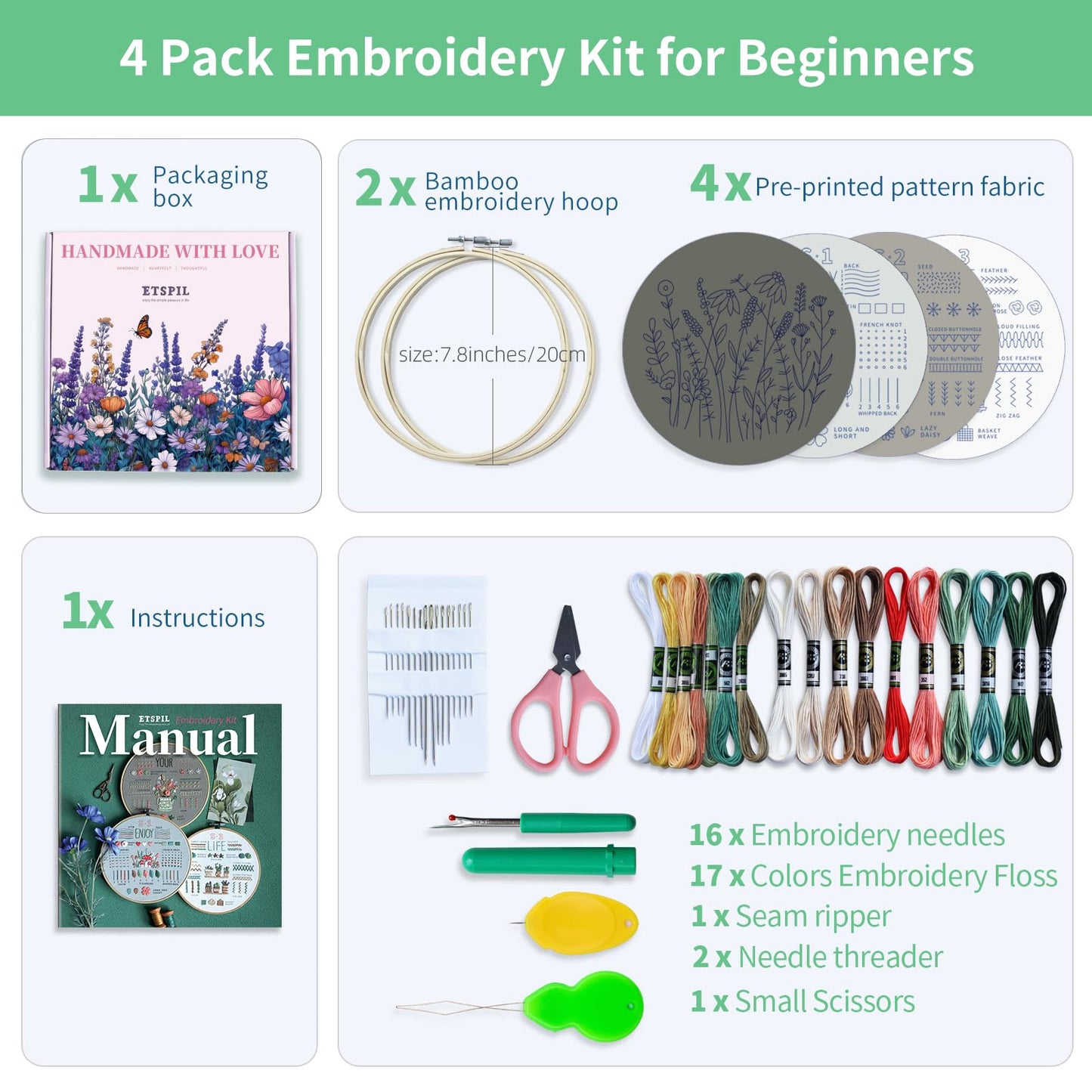 ETSPIL Embroidery Kit for Beginners, 4 Floral Patterns, Learn 33 Stitches, Pre-Printed Fabric, 7.8-Inch Hoop, Colored Threads and Needles, Easy Video Guide, DIY Hand Sewing Gift for Adults and Teens