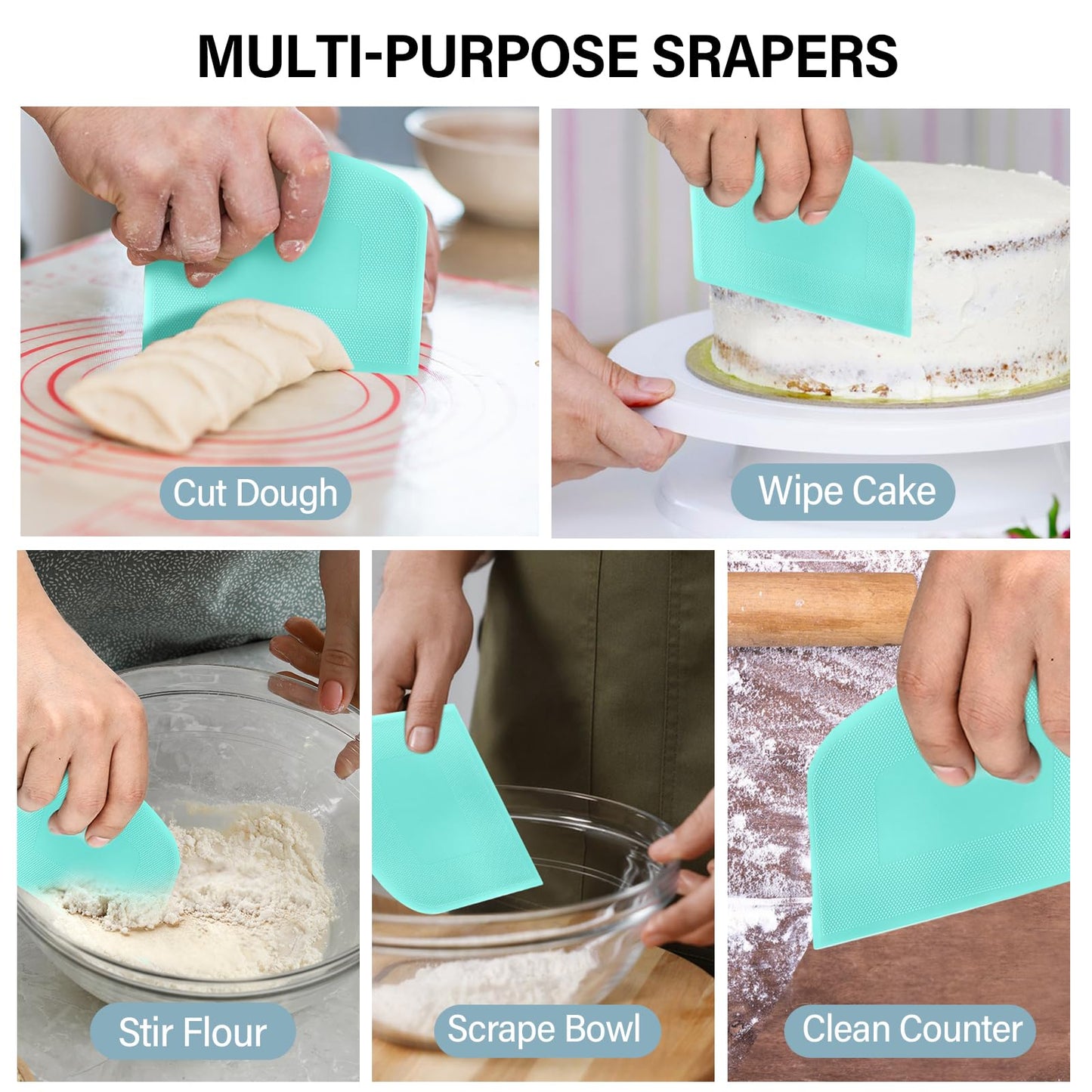 Ecavria Bench Scraper, Premium Stainless Steel Dough Scraper with 2 PCS Flexible Bowl Scraper, Dough Cutter with Measuring Scale, Versatile Kitchen Scraper Set for Pastry Bread Pizza Cake