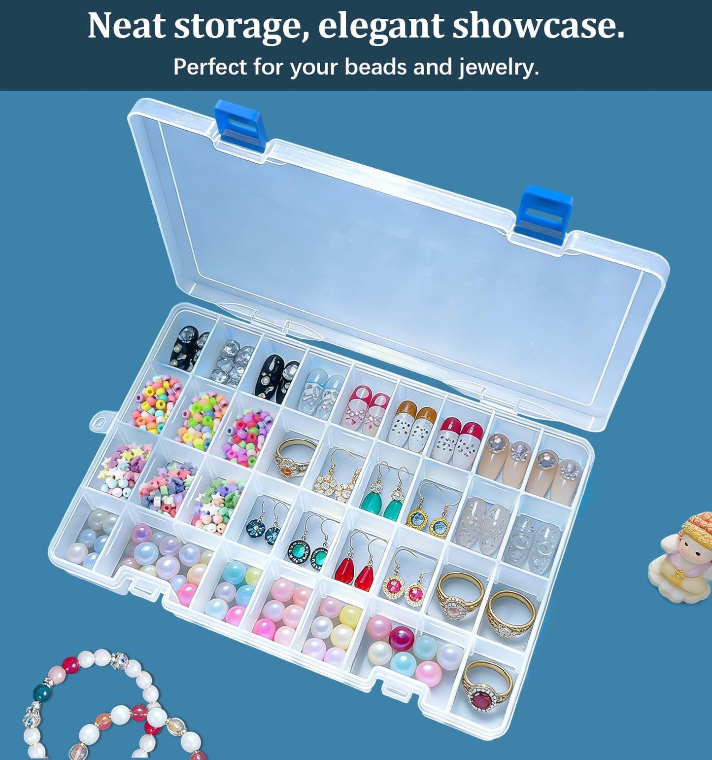 Qualsen 34 Grid Plastic Organizer box with Adjustable Dividers, Fishing Tackle Box and Bead Organizer Box for Jewelry, screw, Earrings, Art Craft, Tools, Fishing Hooks, and Small Accessories
