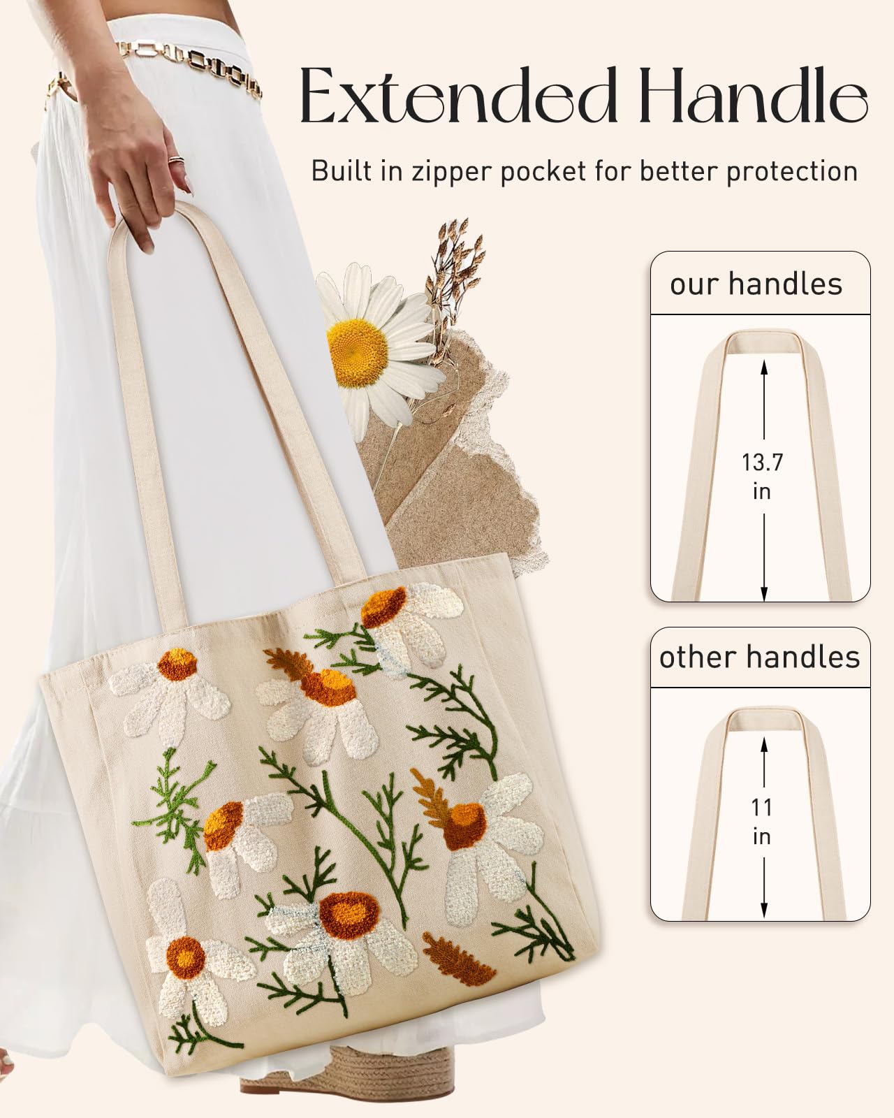 Miss Adola Aesthetic Embroidery Tote Bag for Women - Reusable Canvas Cloth Shoulder Bag with Cute 3d Full Daisy Embroidered Designer Shopping Bag for Grocery, Work, Book, Vacation