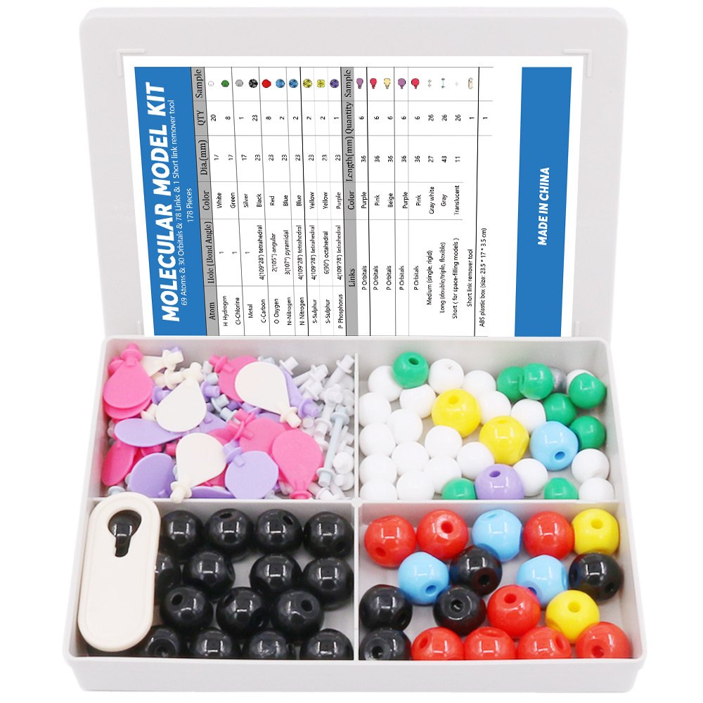 Swpeet 178 Pcs Molecular Model Kit for Inorganic & Organic Molecular Model Teacher and 16 Years and Over Teenages Kit - 69 Atoms & 30 Orbitals & 78 Links & 1 Short Link Remover Tool - Science Toys