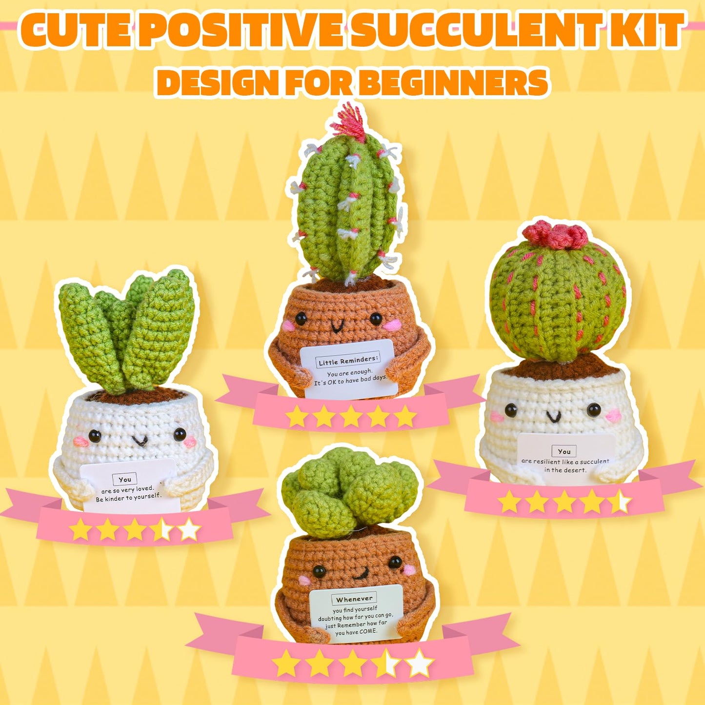 Imcrasy Beginner Emotional Support Succulent Crochet Kit with Step by Step Video Lessons | 4 PC Succulent Crochet Kit with Accessories (40%+ Yarn)