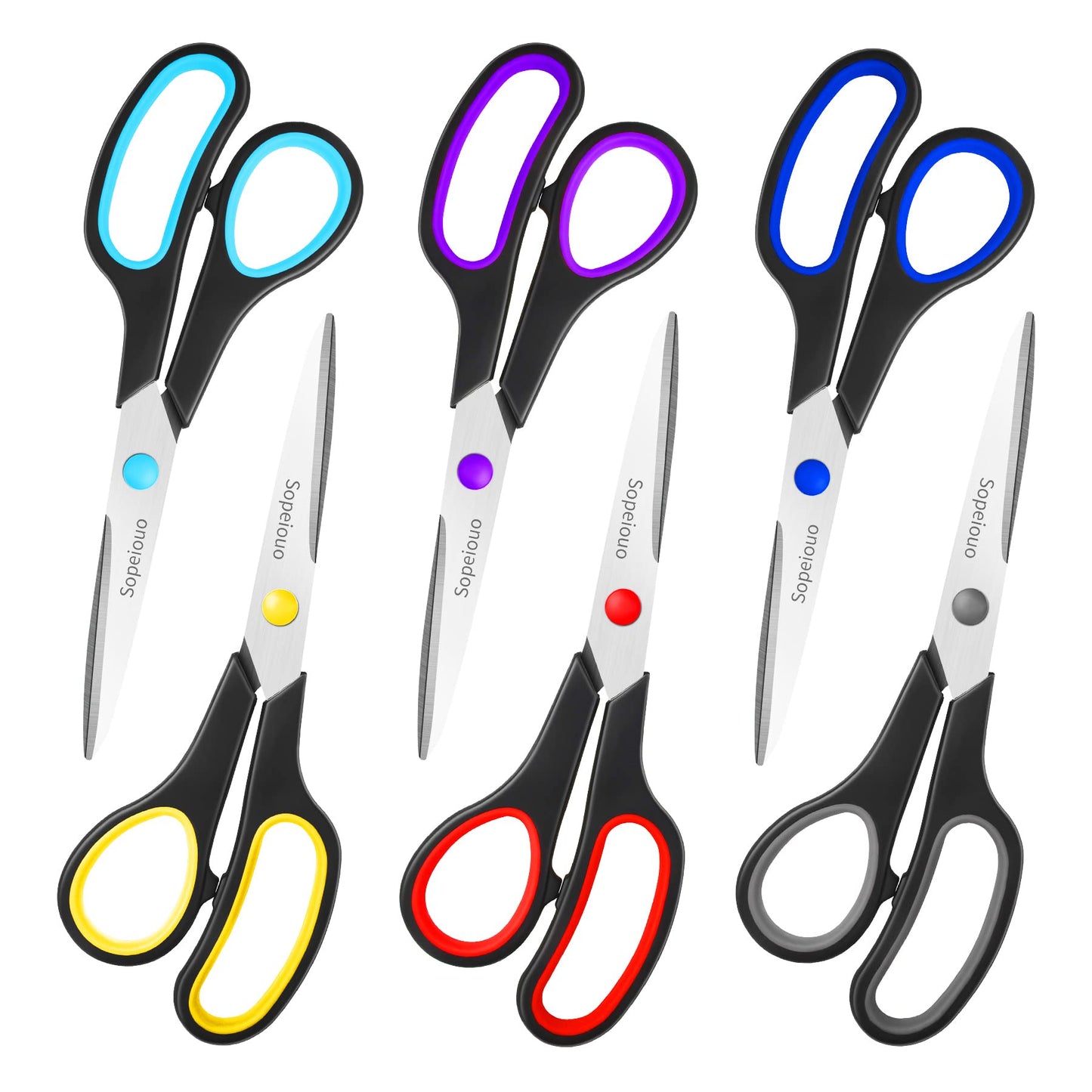 Scissors Set of 6-Pack, 8" Scissors All Purpose Comfort-Grip Handles Sharp Scissors for Office Home School Craft Sewing Fabric Supplies, High/Middle School Student Teacher Scissor, Right/Left Hand