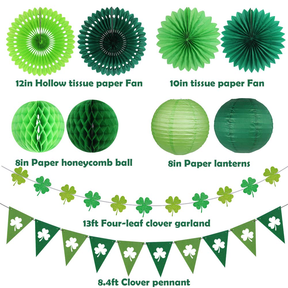 zilue St Patricks Day Decorations, Green Party Supplies Four-leaf Clover Garland Tissue Paper Fan Paper Lantern for Irish Party Saint Patricks Day Decor