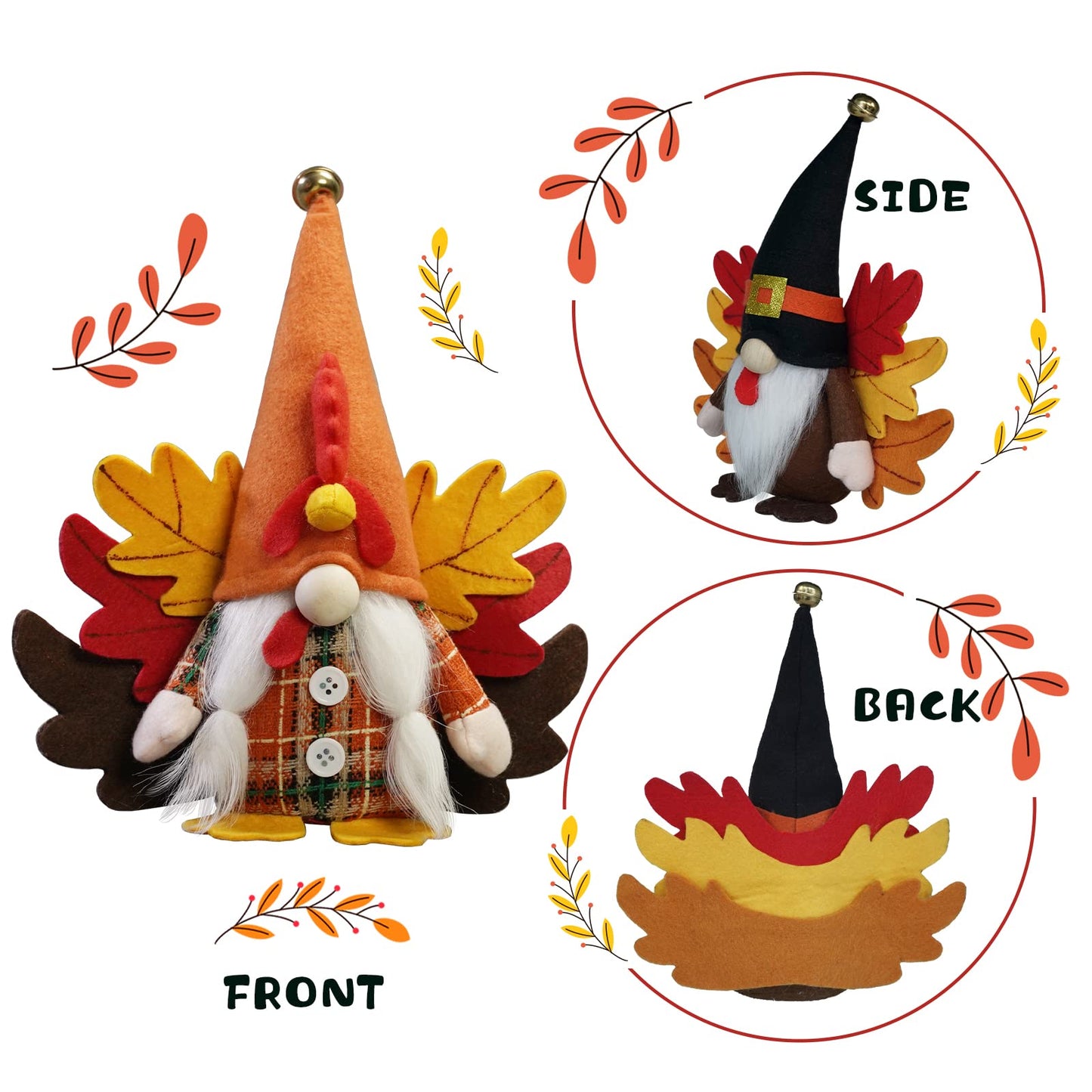 Turkey Fall Gnome, Thanksgiving Gnome Decorations, 2Pack Handmade Swedish Tomte Gnomes with Maple Leaves Wings Harvest Gnome Plush Scandinavian Figurine Nordic Gnomes Holiday Decor Gifts