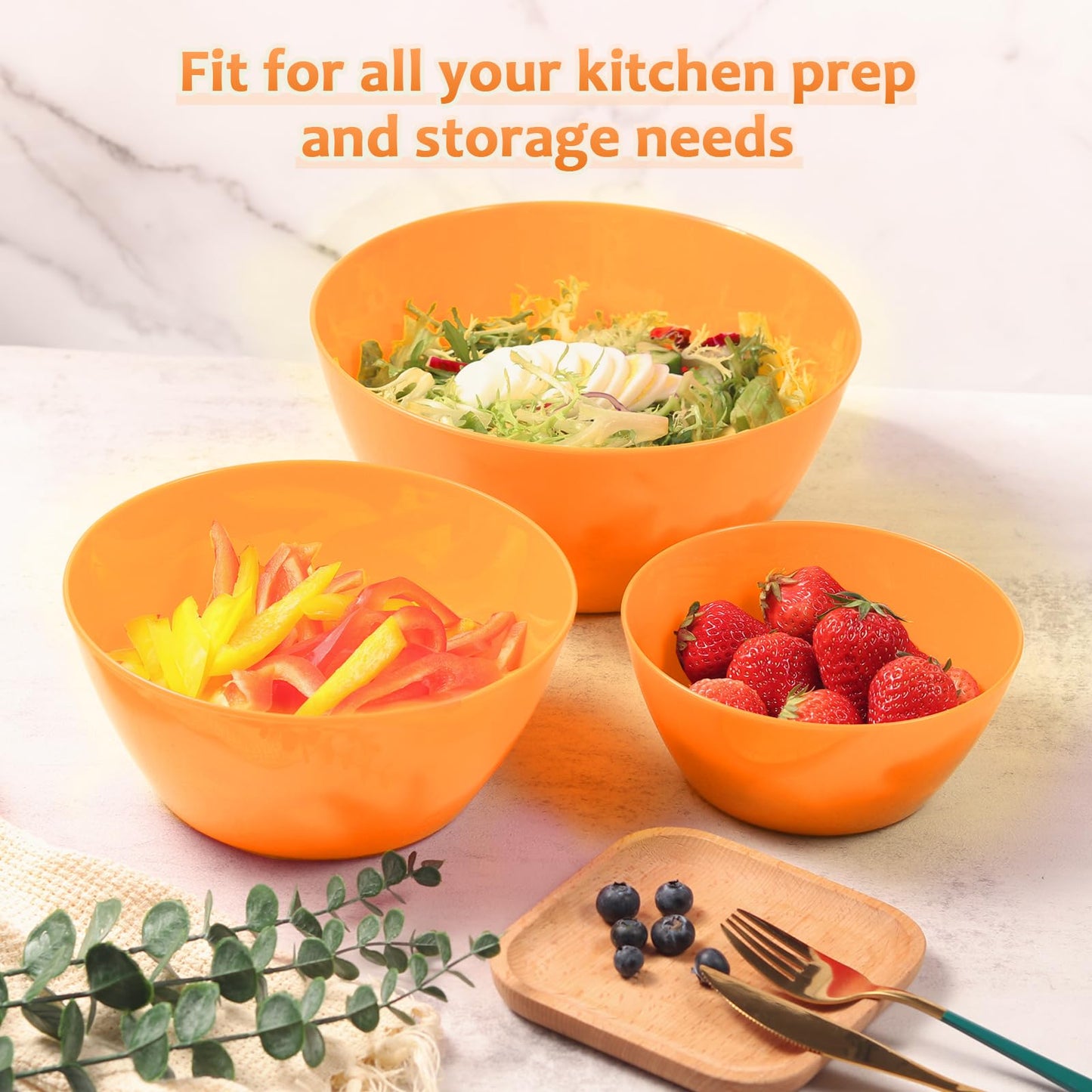 Wehome Mixing Bowls with Lids Set，Plastic Mixing Bowls for Kitchen Preparing，Serving and Storing，Set of 3-Includes 3 Bowls and 3 Lids，BPA-FREE Neat Nesting Bowls with Sealing Lids (Orange)
