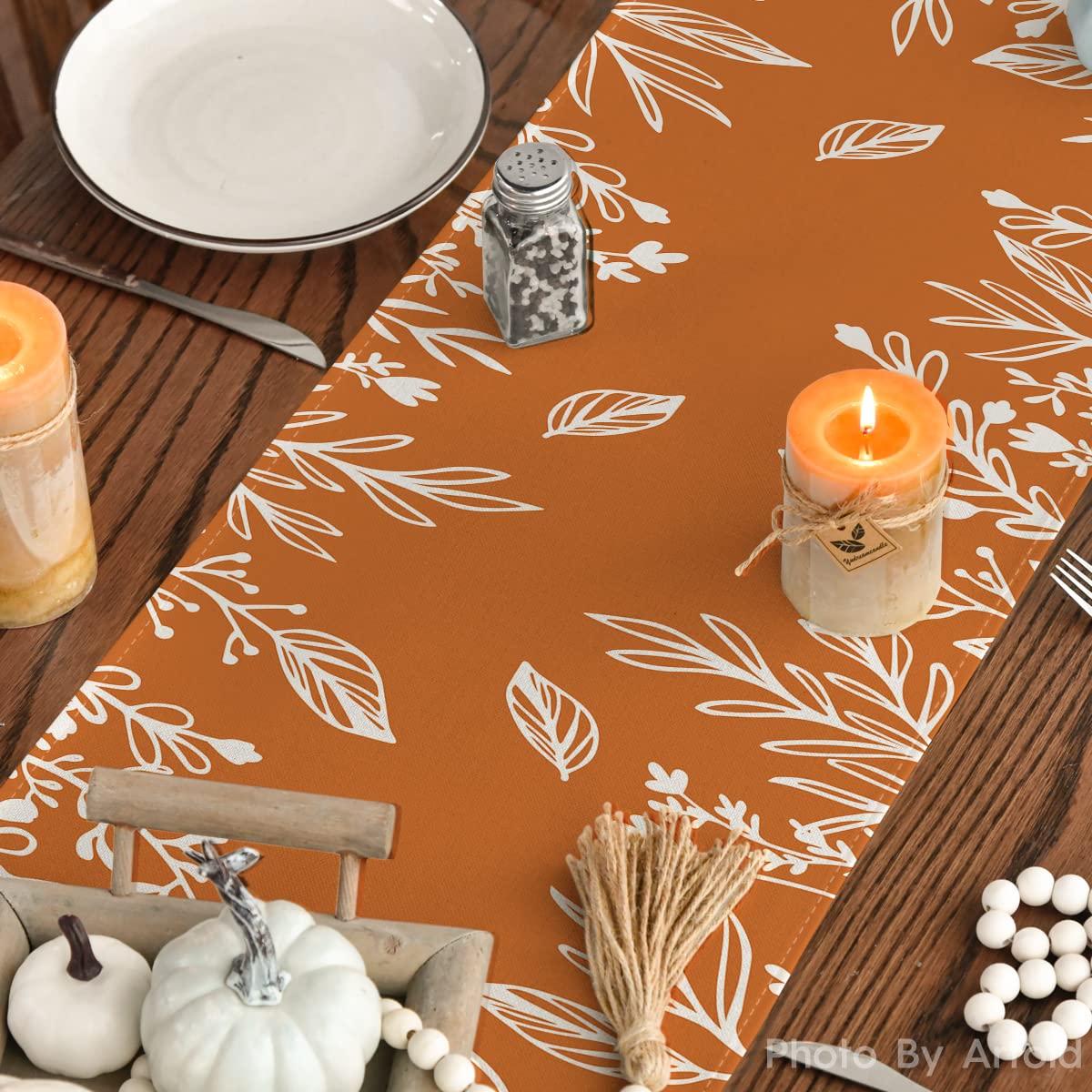 Orange Floral Fall Table Runner, Seasonal Autumn Kitchen Dining Table Decoration for Home Party Decor 13x60 Inch