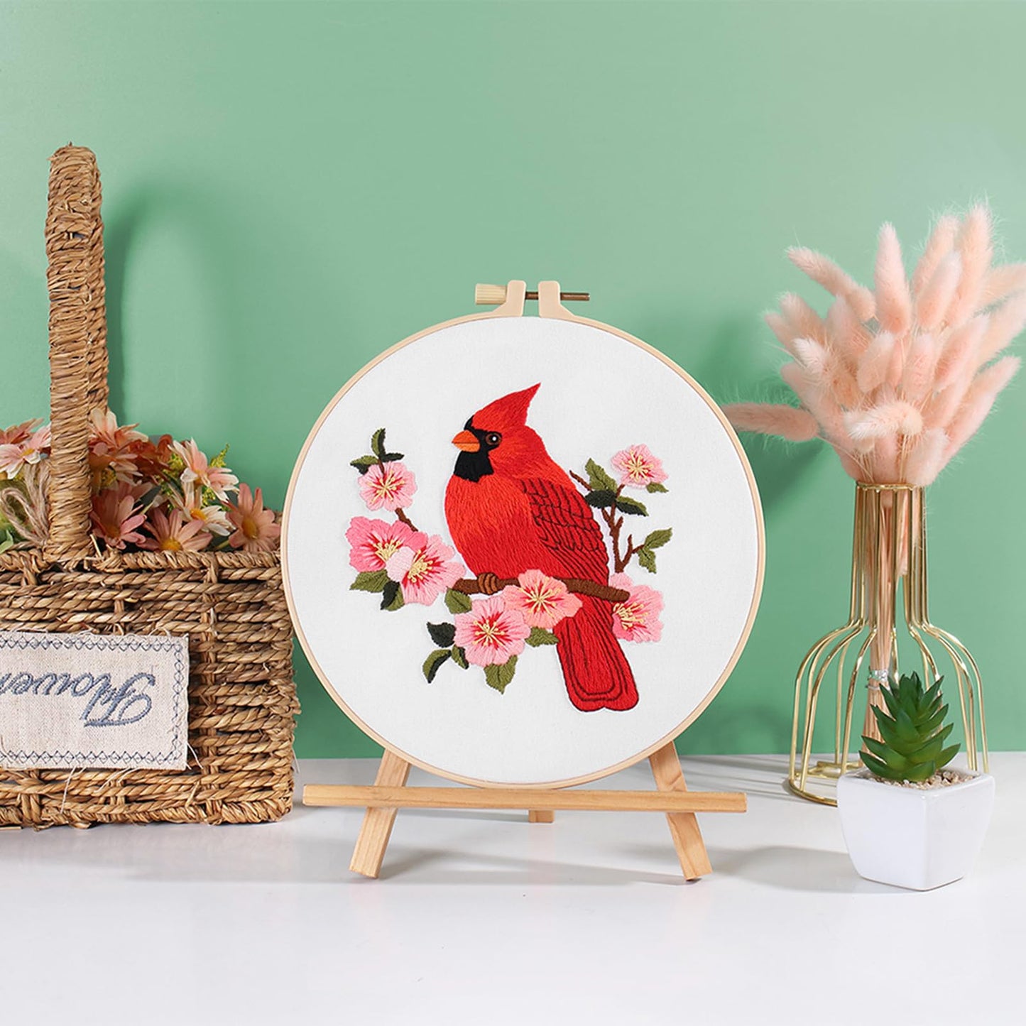 Louise Maelys Cardinal Embroidery Kits for Beginners with Bird Flower Pattern,Adults Starter Cross Stitch Kit DIY Needlepoint